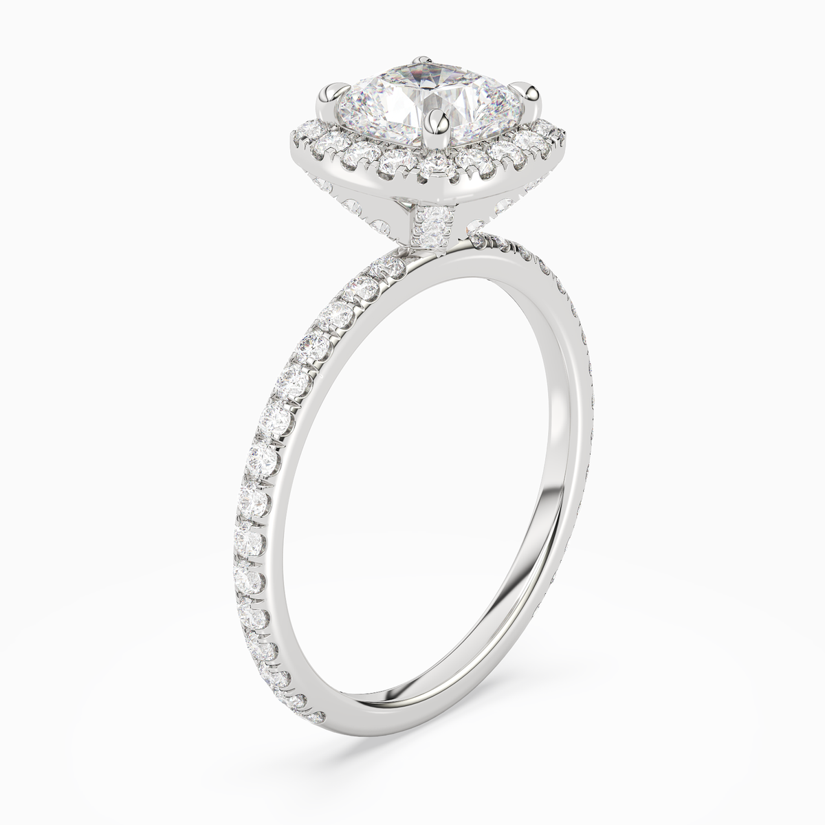 Cushion Scalloped Halo Pavé in 14K White Gold angled