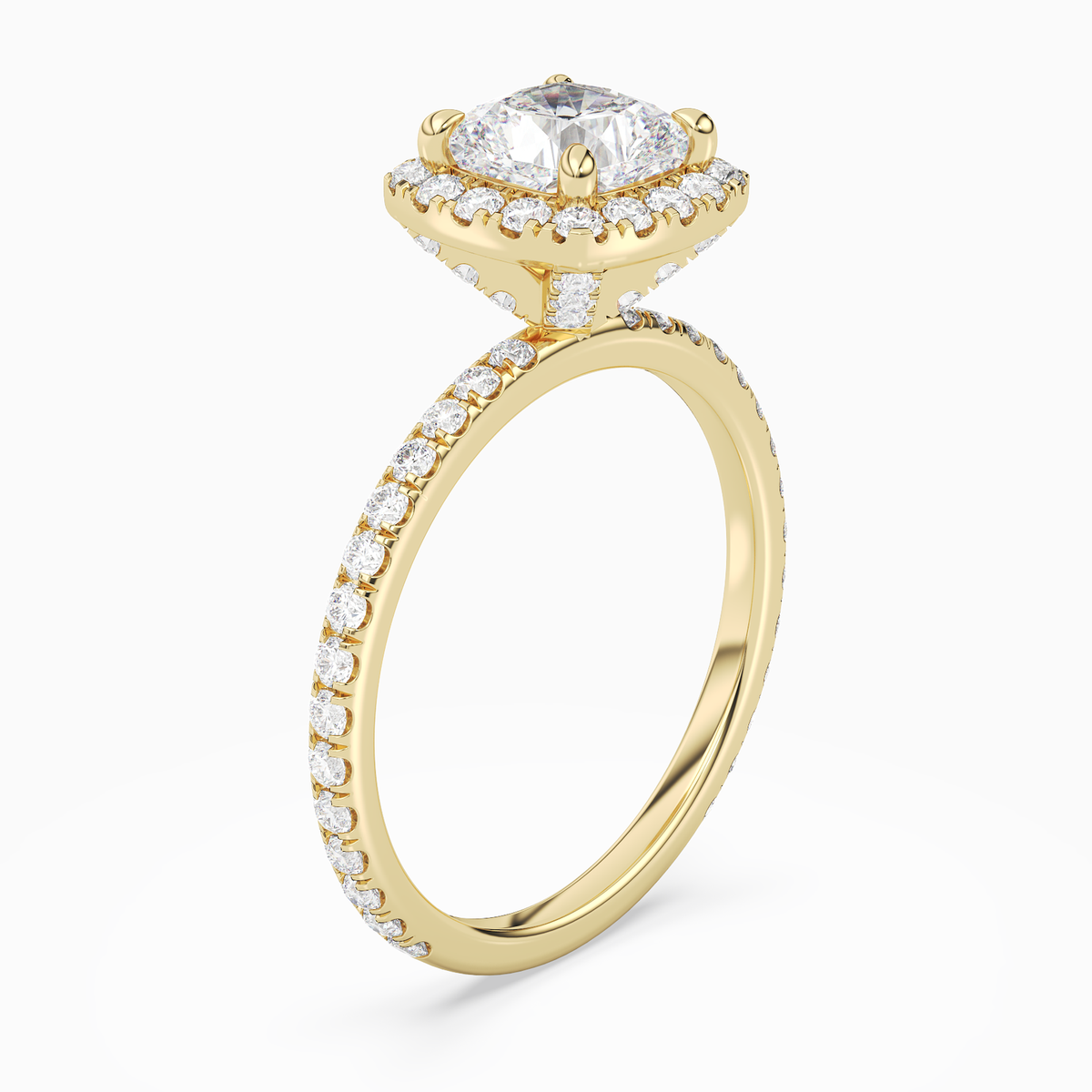 Cushion Scalloped Halo Pavé in 14K Yellow Gold angled