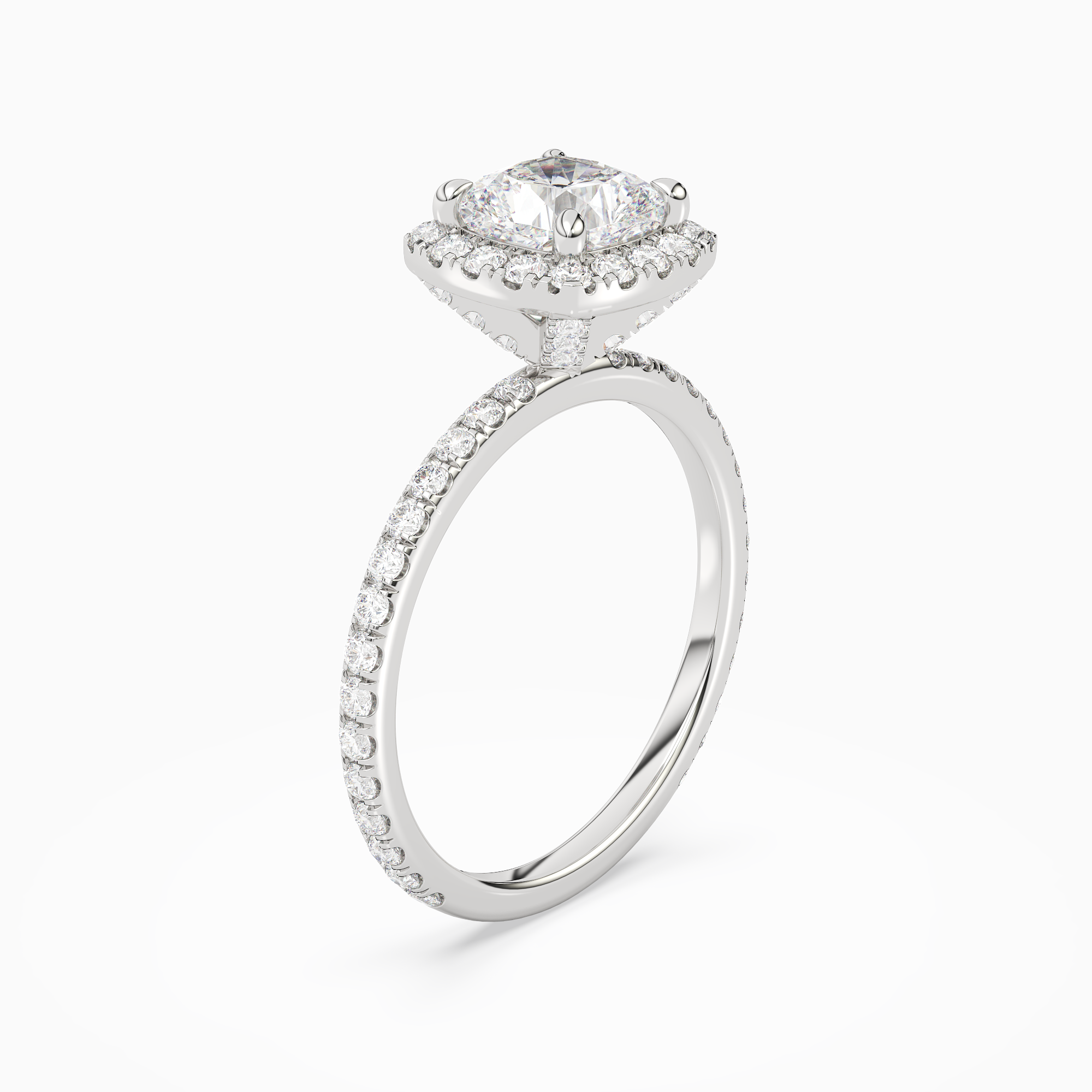 Cushion Scalloped Halo Pavé in Platinum angled