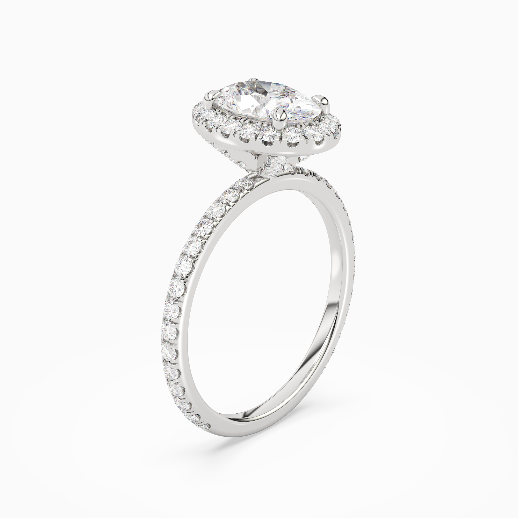 Oval Scalloped Halo Pavé in 14K White Gold angled