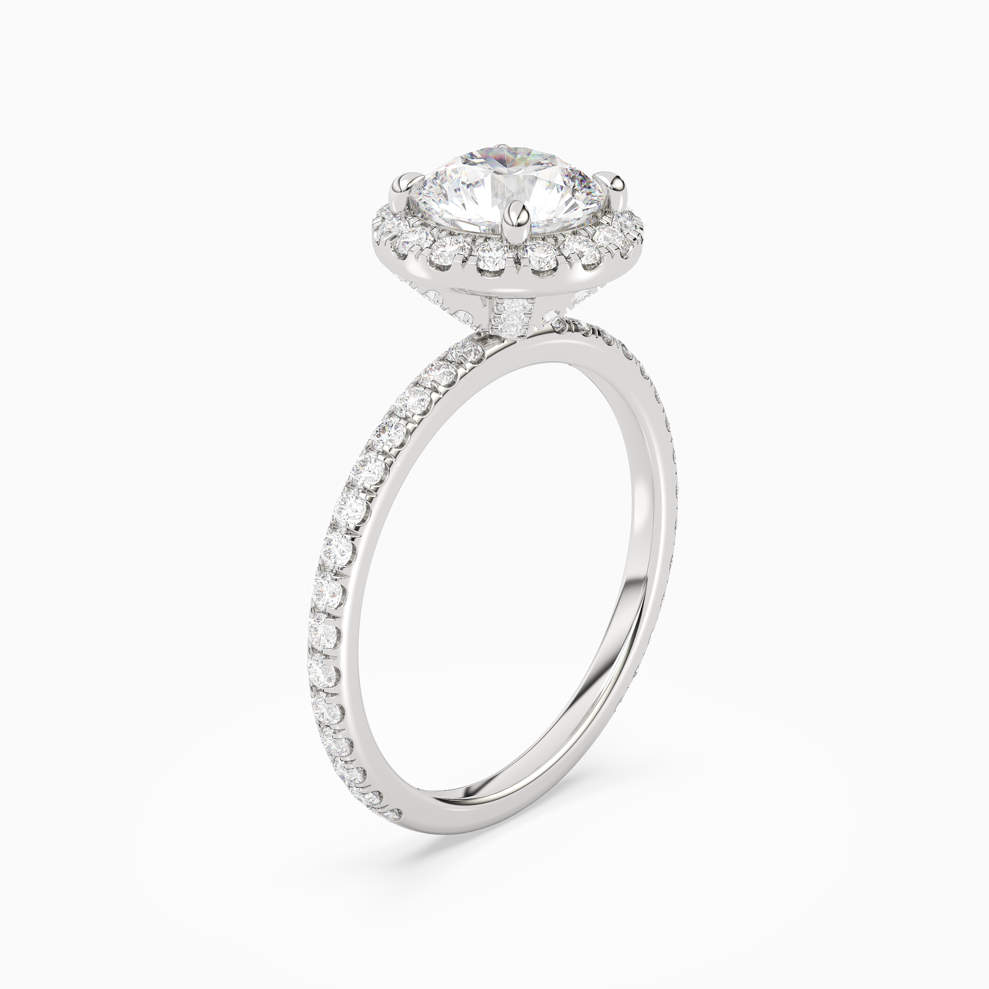 Round Scalloped Halo Pavé in Platinum angled