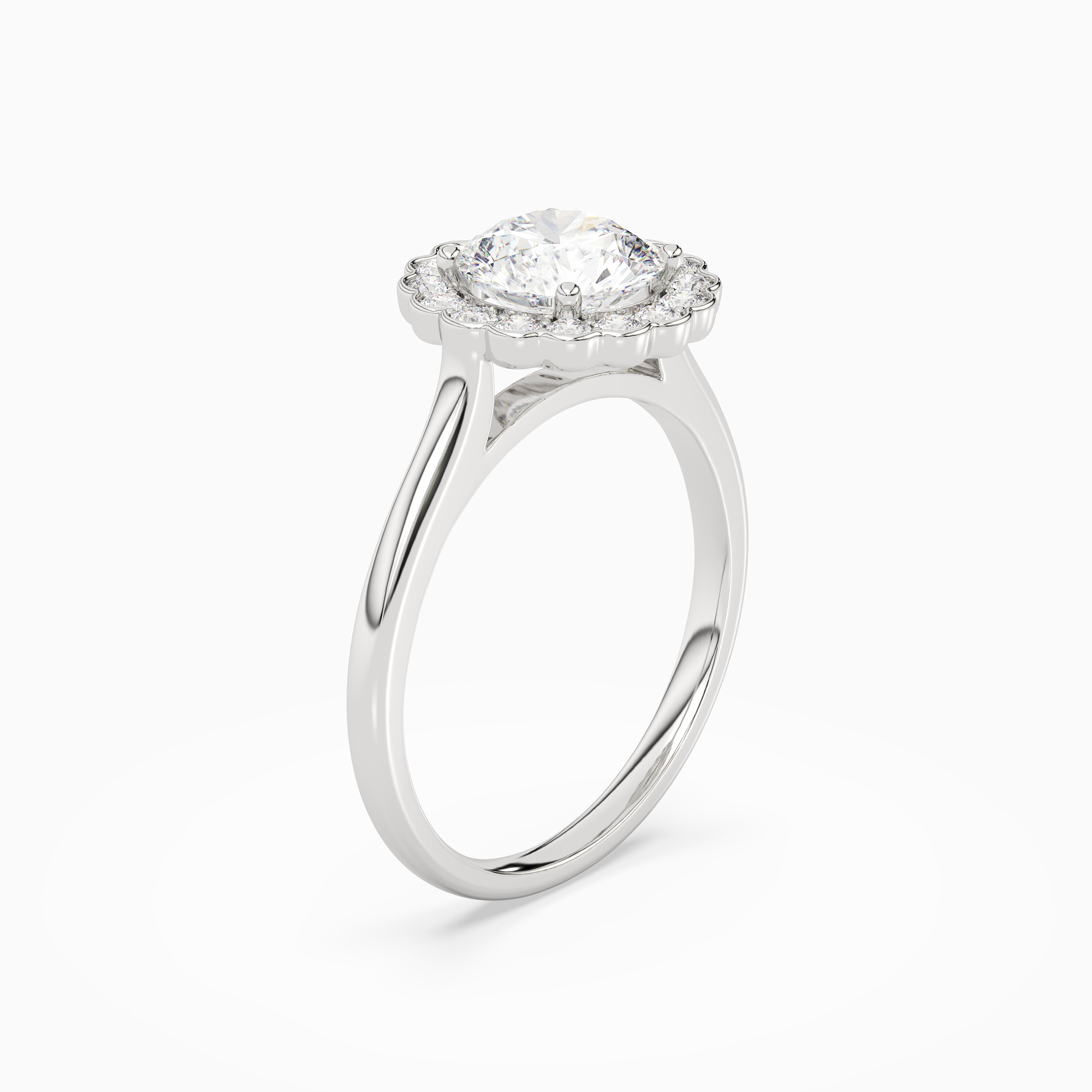 Round Floral Halo in 18K White Gold angled