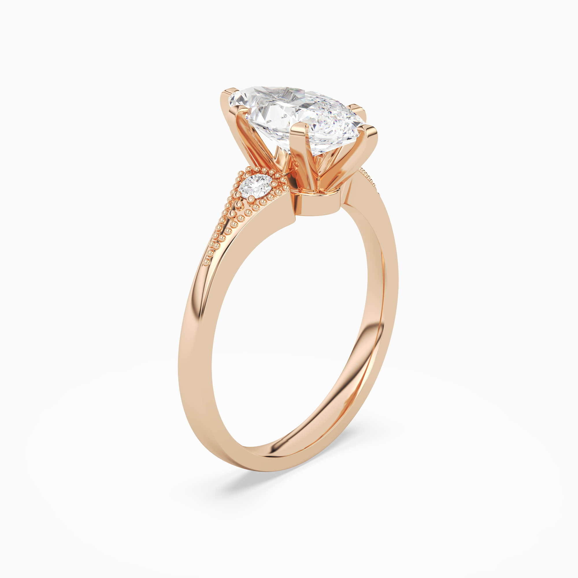 Marquise Milgrain Shoulder Side Stone Ring in 14K Rose Gold angled