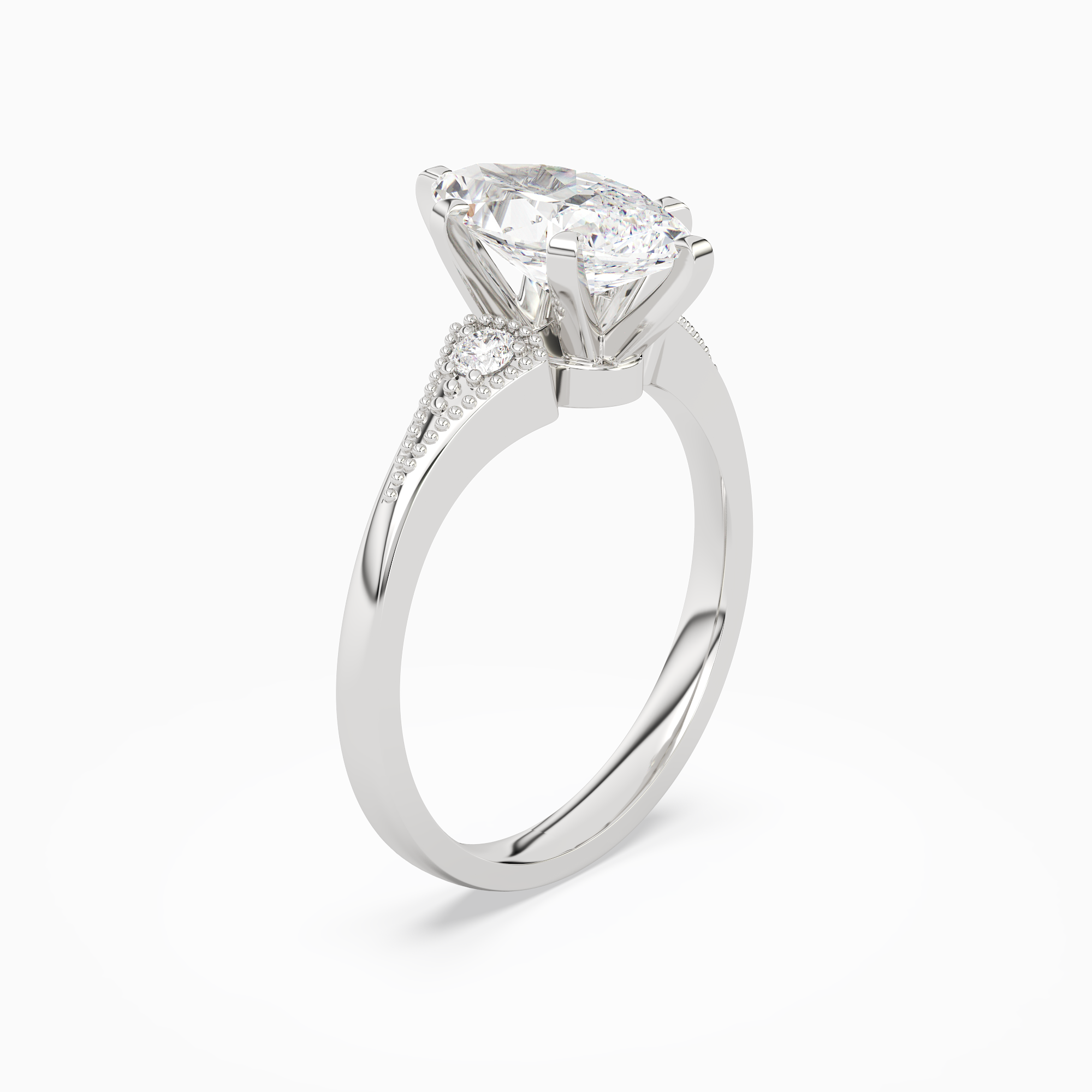 Marquise Milgrain Shoulder Side Stone Ring in 14K White Gold angled