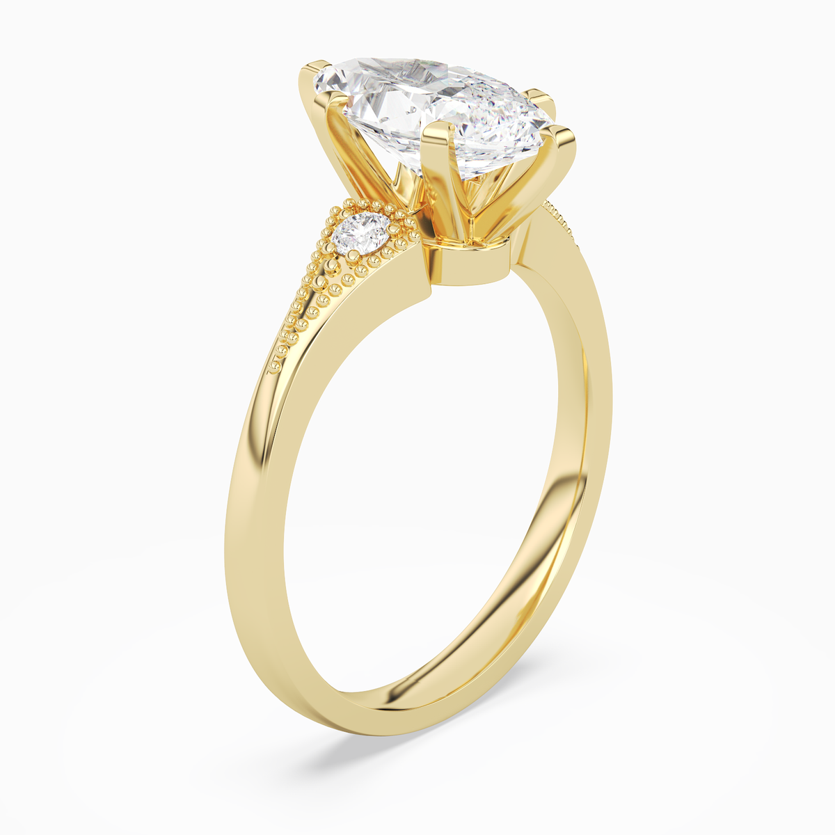 Marquise Milgrain Shoulder Side Stone Ring in 18K Yellow Gold angled