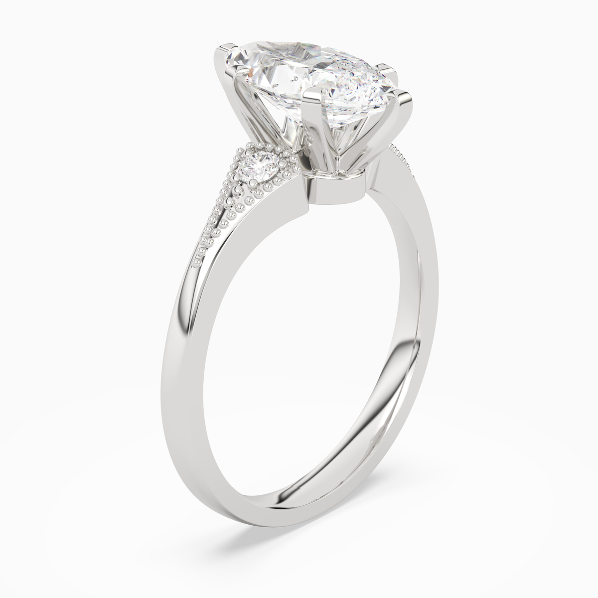 Marquise Milgrain Shoulder Side Stone Ring in Platinum angled