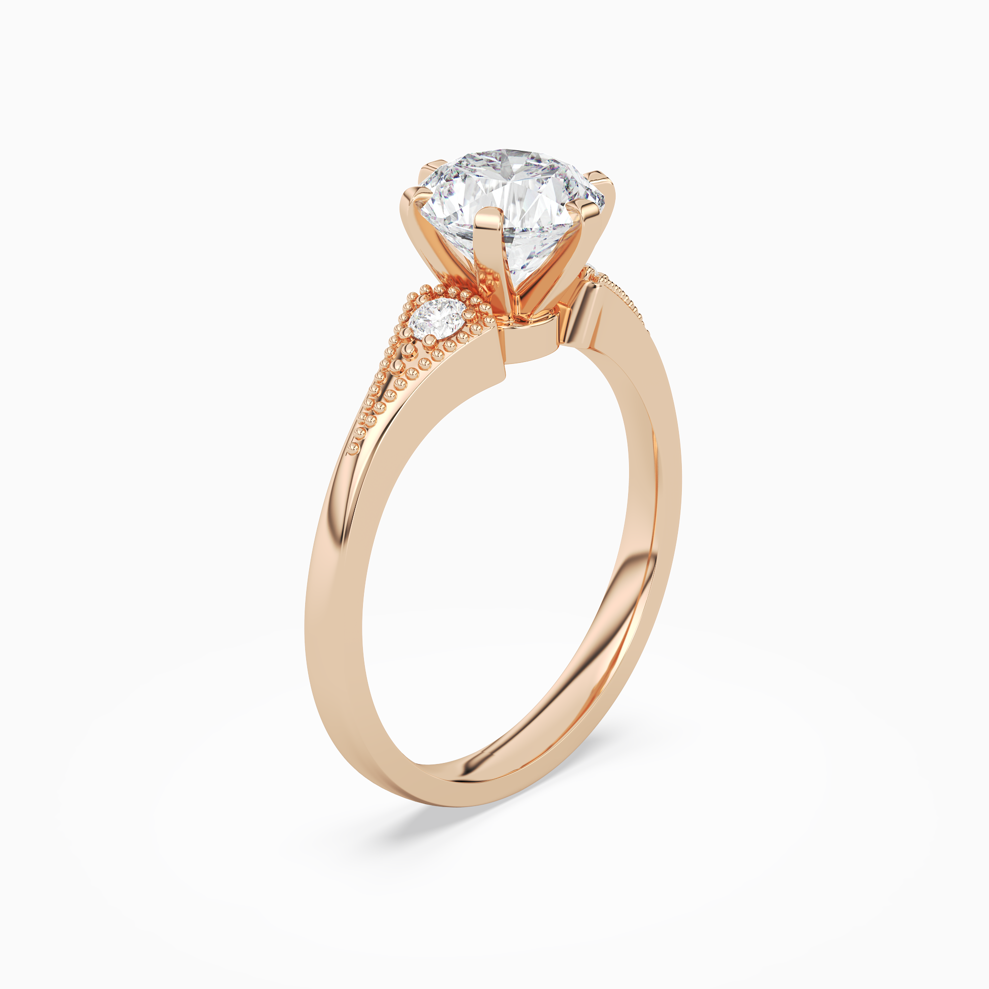 Round Milgrain Shoulder Side Stone Ring in 14K Rose Gold angled