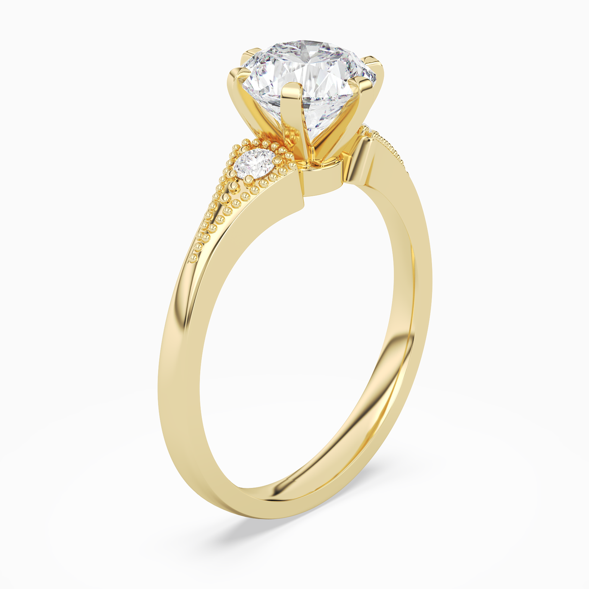 Round Milgrain Shoulder Side Stone Ring in 18K Yellow Gold angled