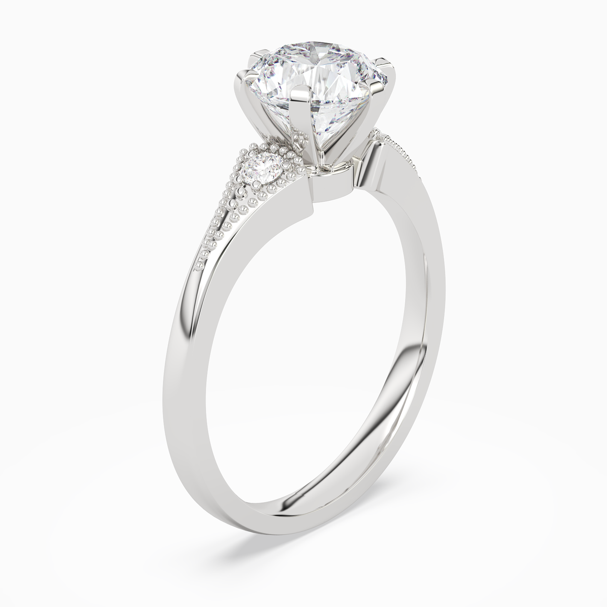 Round Milgrain Shoulder Side Stone Ring in Platinum angled