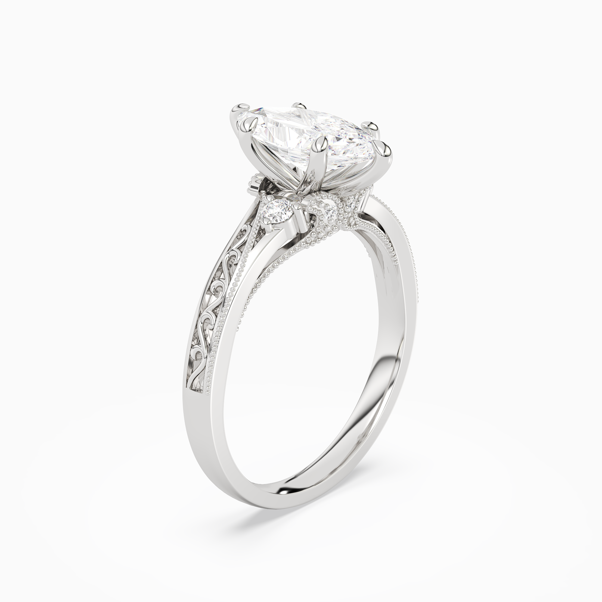 Marquise Engraved Vintage Side Stone Ring in 18K White Gold angled