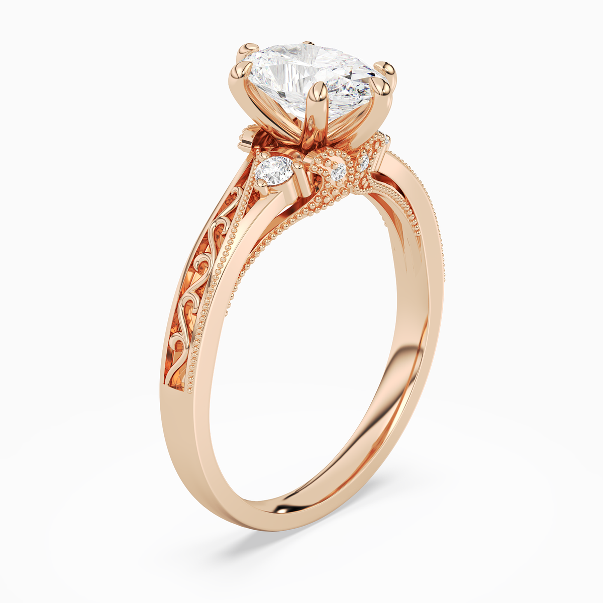 Oval Engraved Vintage Side Stone Ring in 14K Rose Gold angled