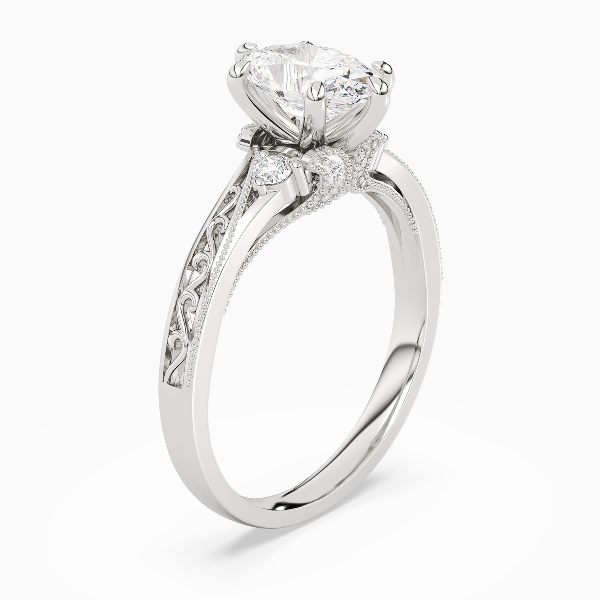 Oval Engraved Vintage Side Stone Ring in 14K White Gold angled
