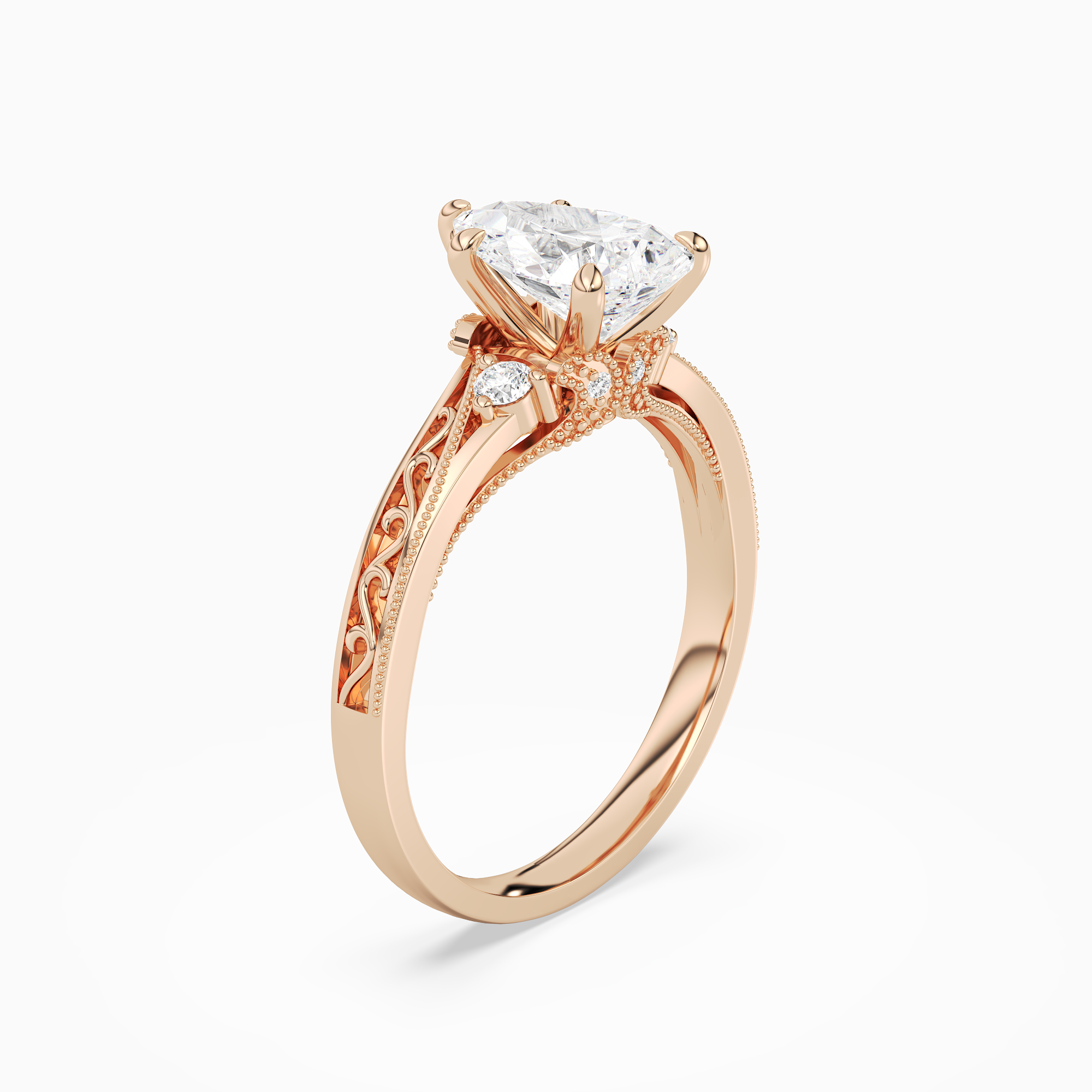 Pear Engraved Vintage Side Stone Ring in 14K Rose Gold angled