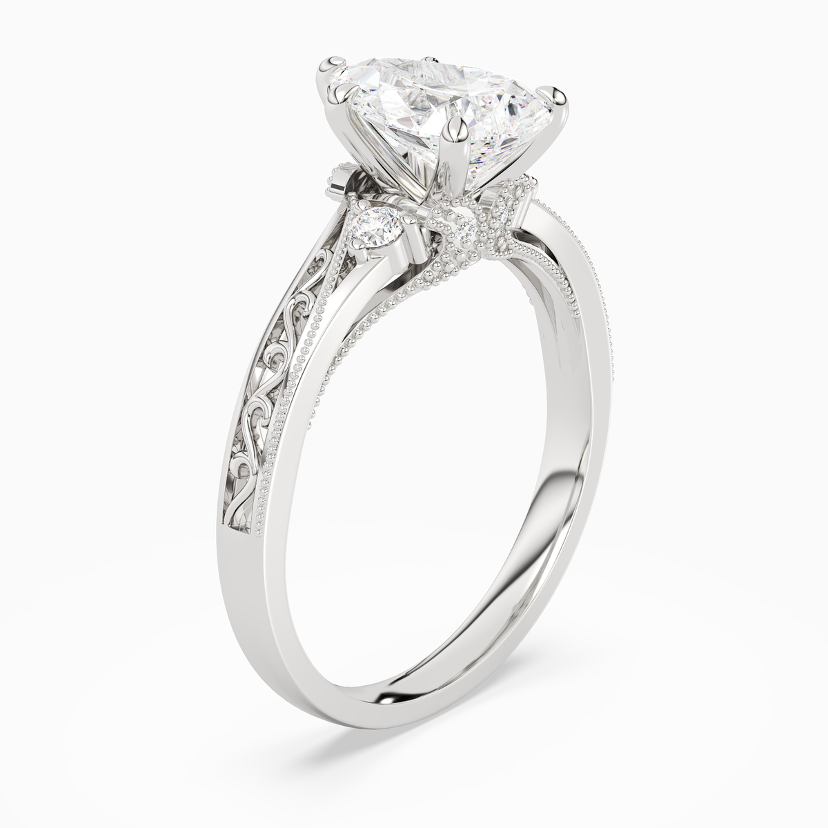 Pear Engraved Vintage Side Stone Ring in 14K White Gold angled
