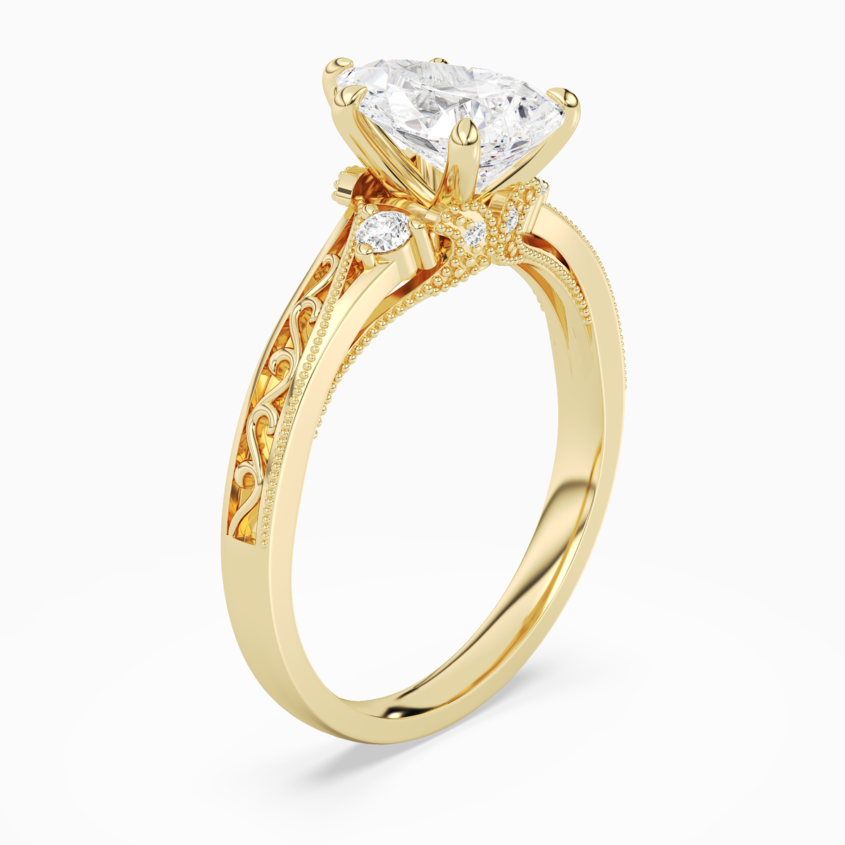 Pear Engraved Vintage Side Stone Ring in 14K Yellow Gold angled