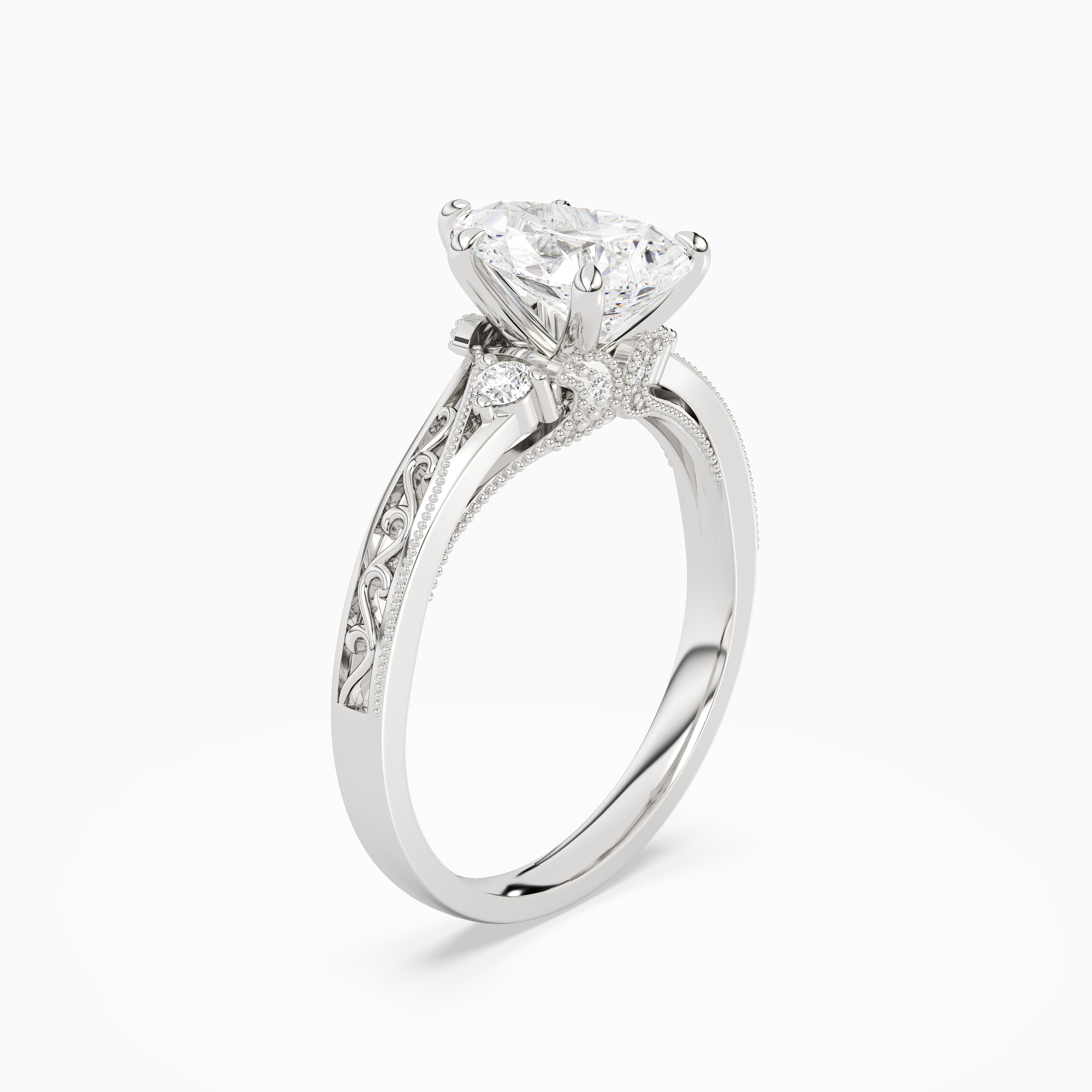 Pear Engraved Vintage Side Stone Ring in Platinum angled