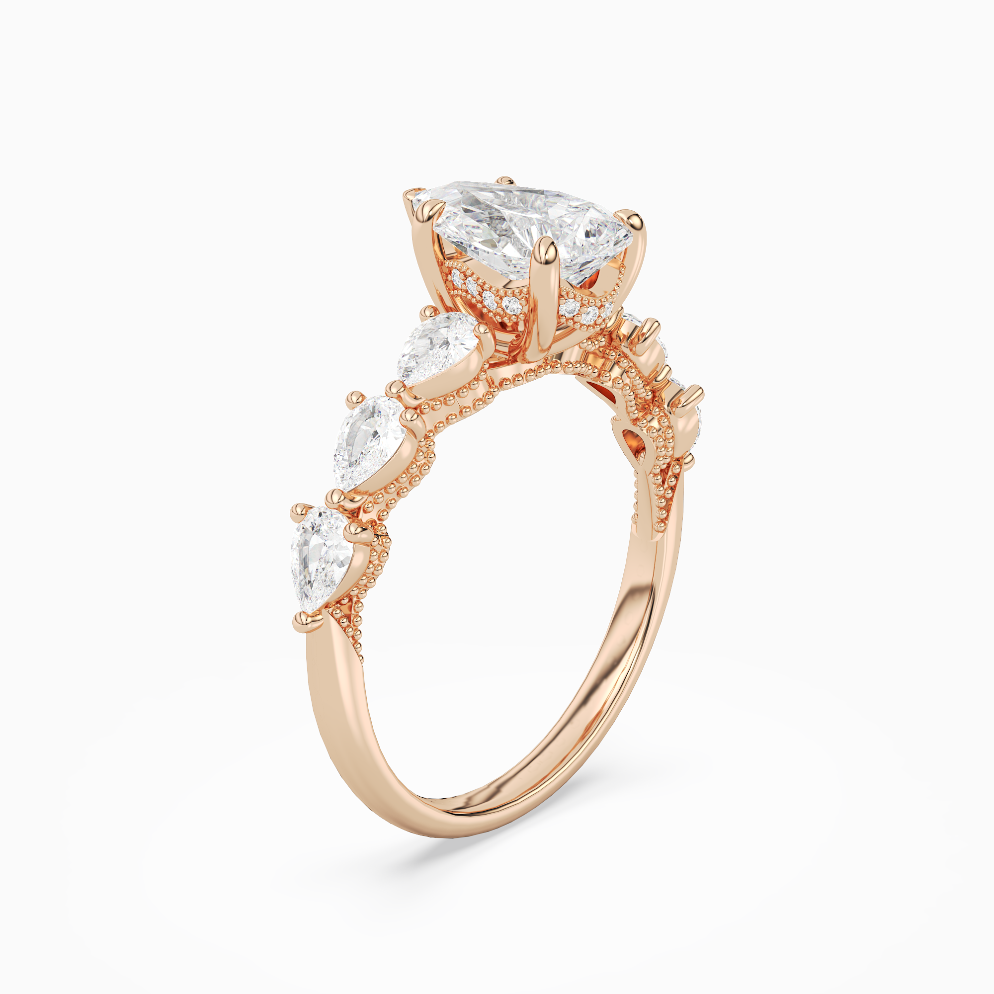 Pear Crescent Pear Side Stone in 14K Rose Gold angled