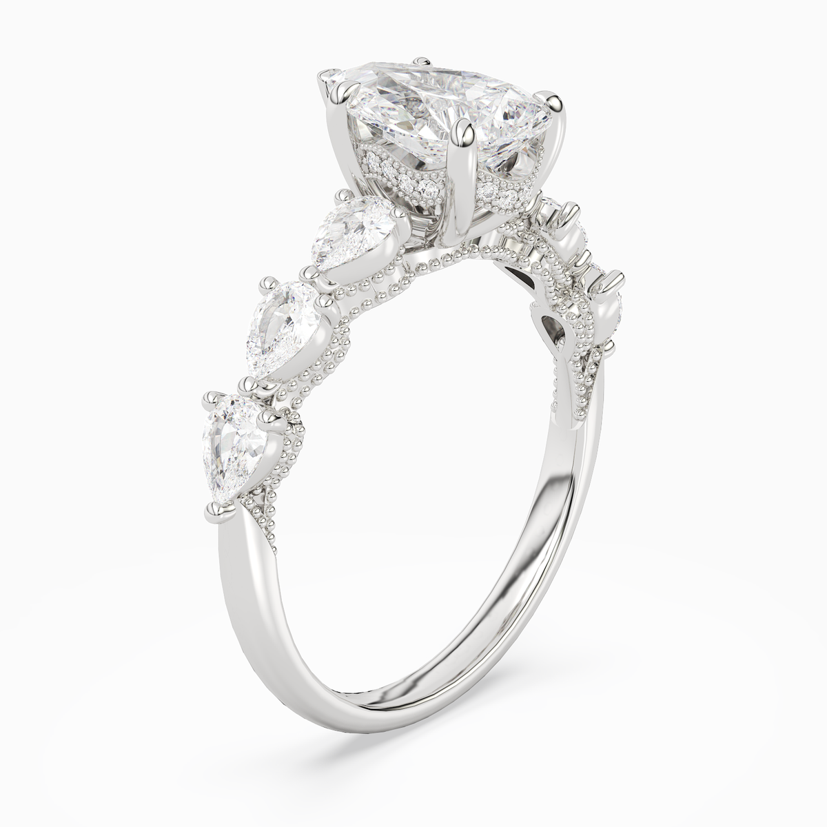 Pear Crescent Pear Side Stone in 14K White Gold angled