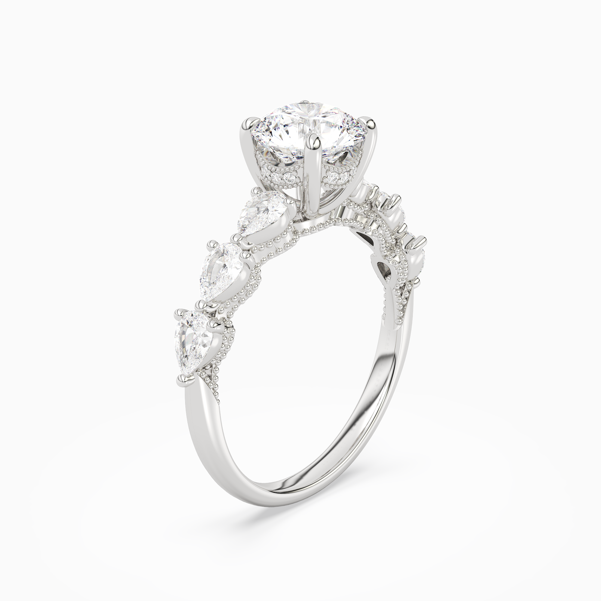 Round Crescent Pear Side Stone in 14K White Gold angled