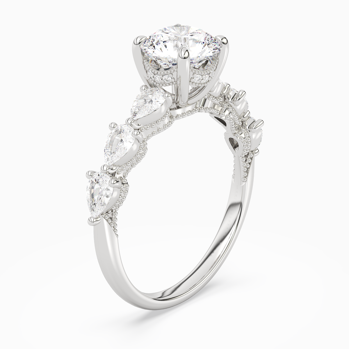 Round Crescent Pear Side Stone in 14K White Gold angled