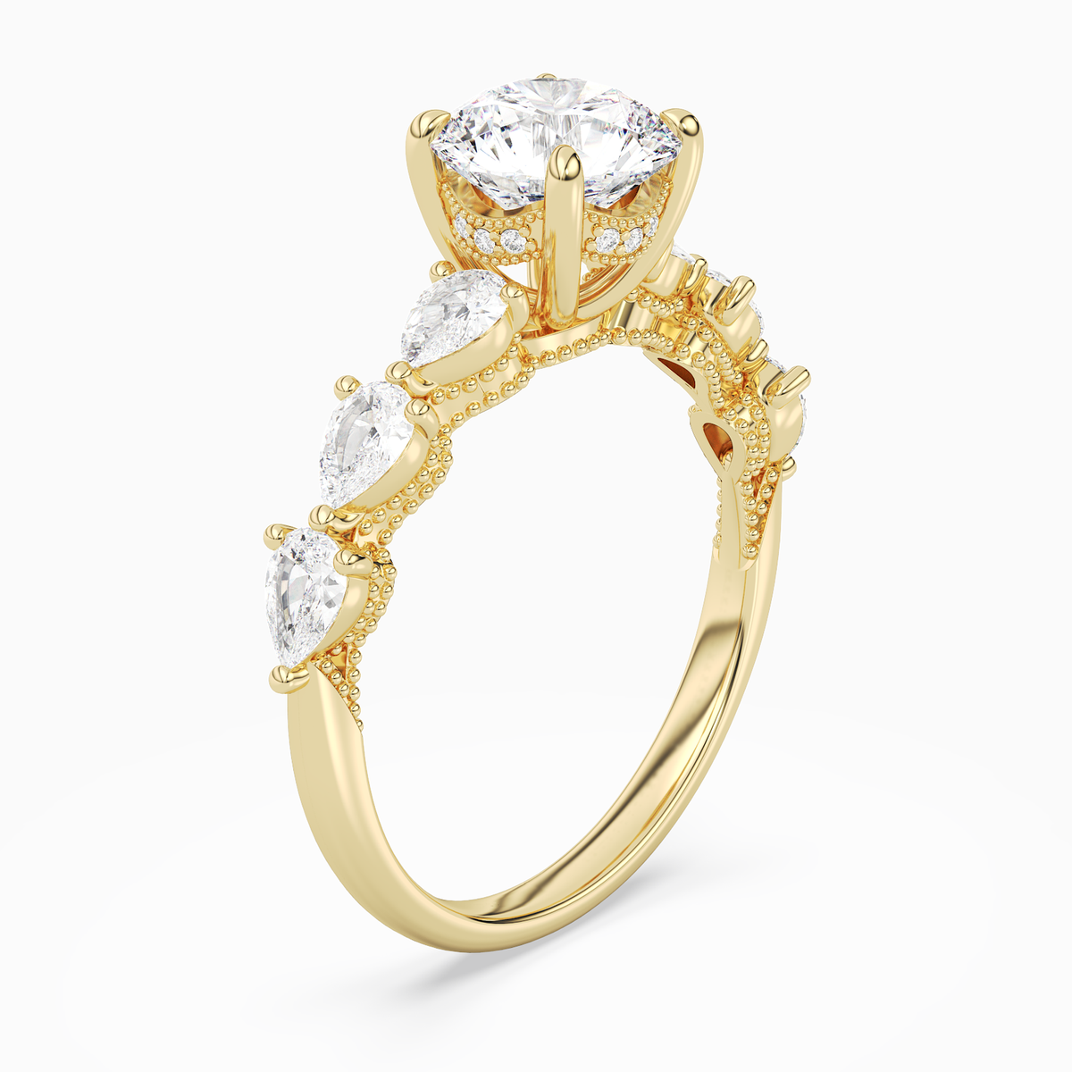 Round Crescent Pear Side Stone in 14K Yellow Gold angled