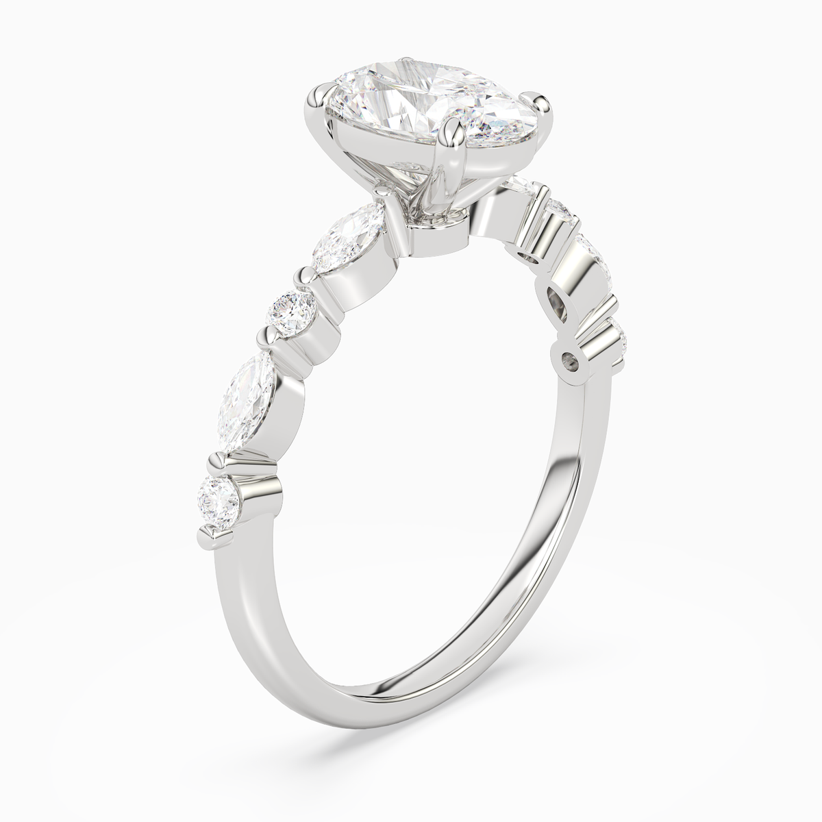 Oval Mixed-Shaped Shoulder Accent Ring in 14K White Gold angled