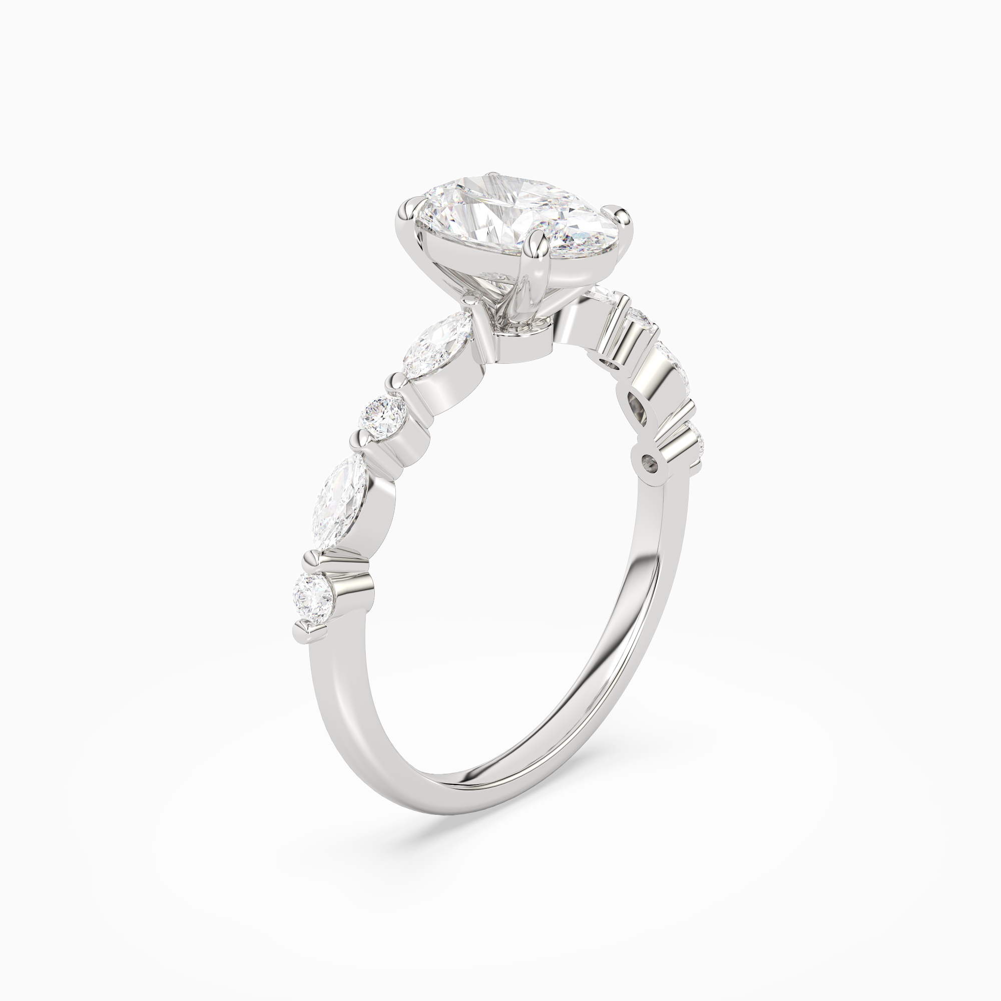 Oval Mixed-Shaped Shoulder Accent Ring in 18K White Gold angled