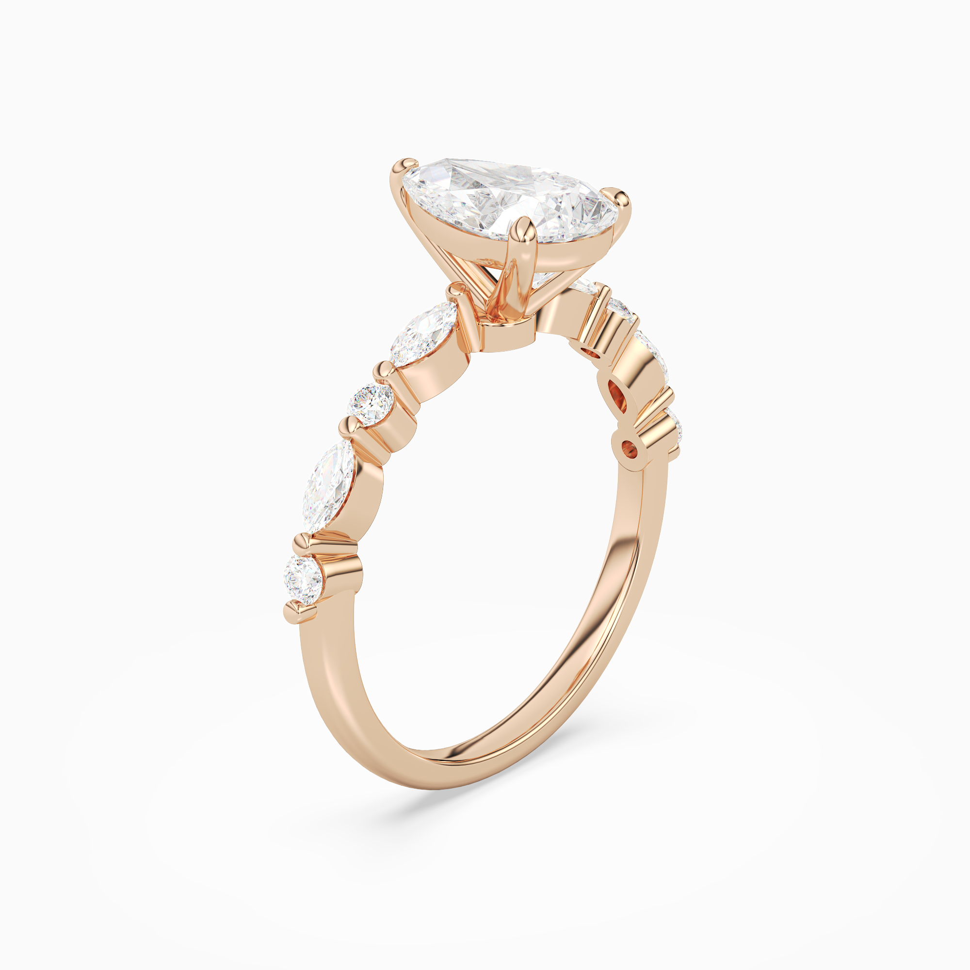 Pear Mixed-Shaped Shoulder Accent Ring in 14K Rose Gold angled
