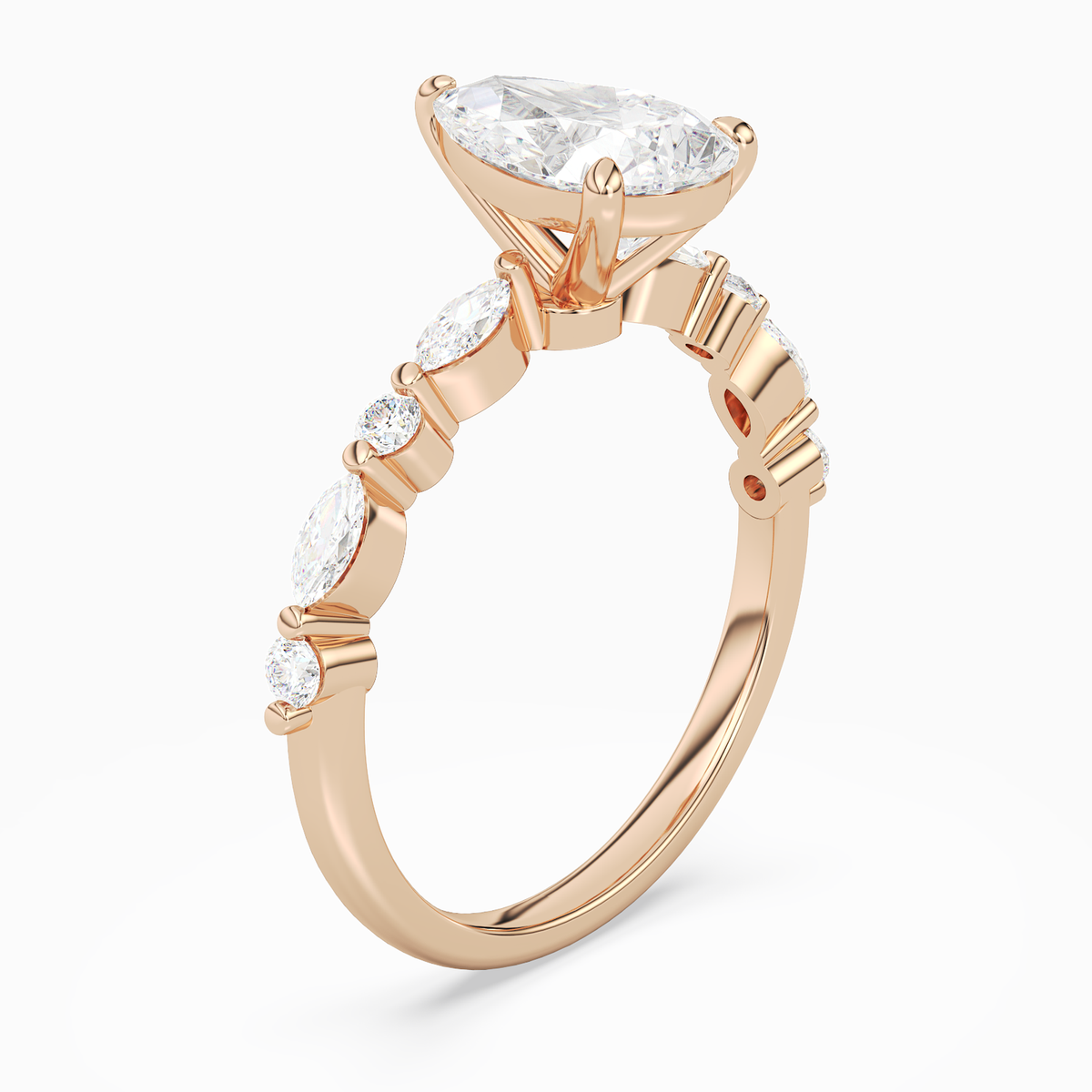 Pear Mixed-Shaped Shoulder Accent Ring in 14K Rose Gold angled