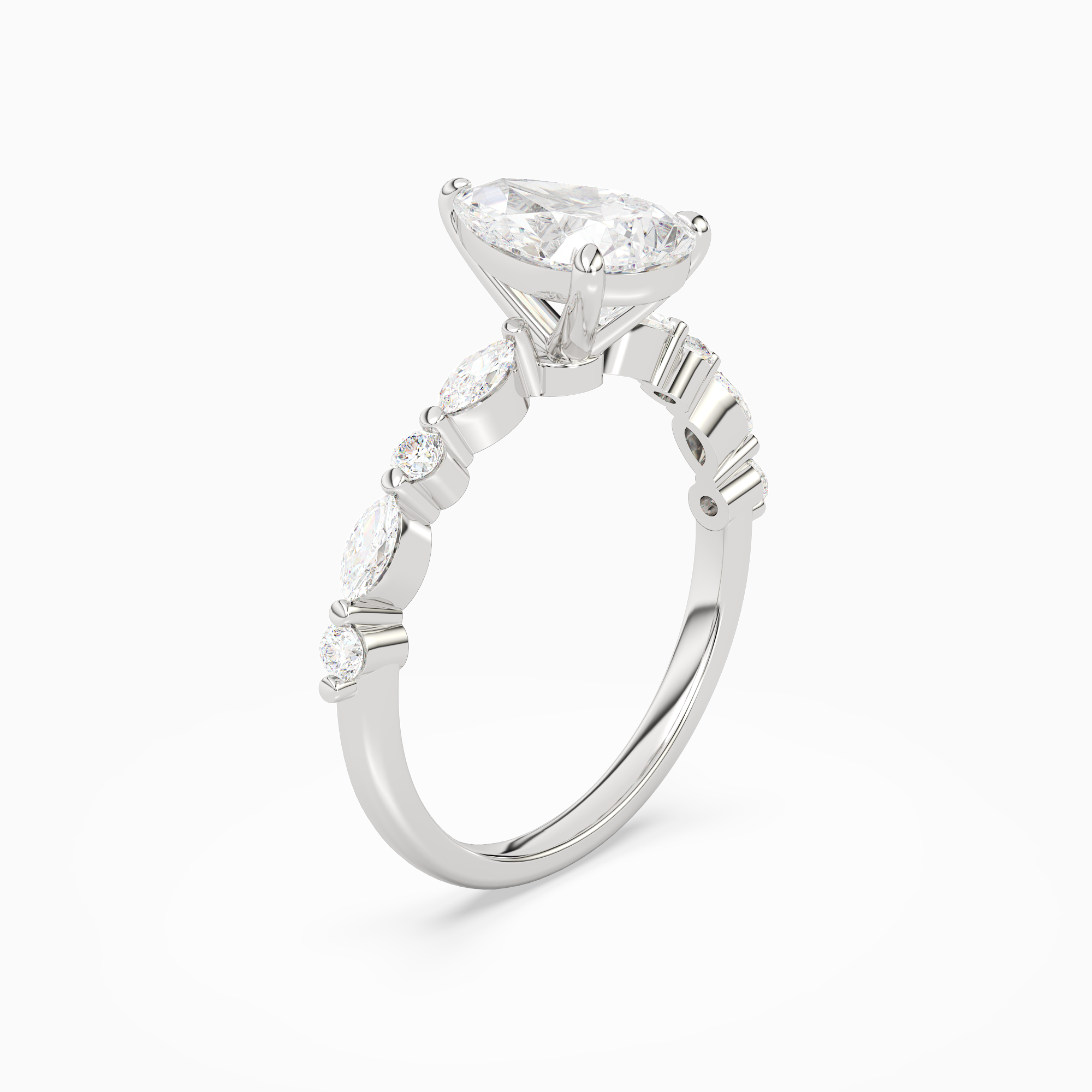 Pear Mixed-Shaped Shoulder Accent Ring in 14K White Gold angled