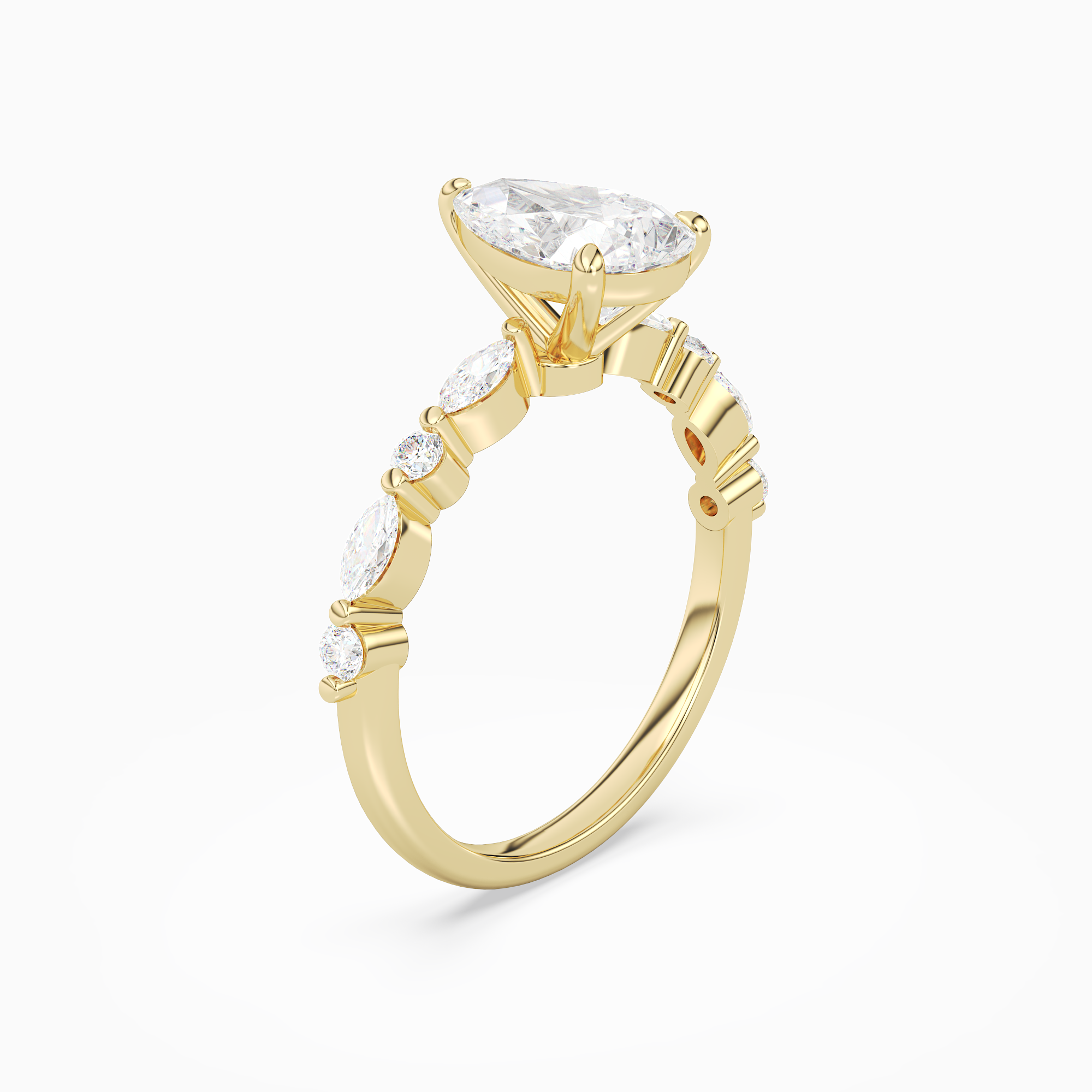 Pear Mixed-Shaped Shoulder Accent Ring in 14K Yellow Gold angled