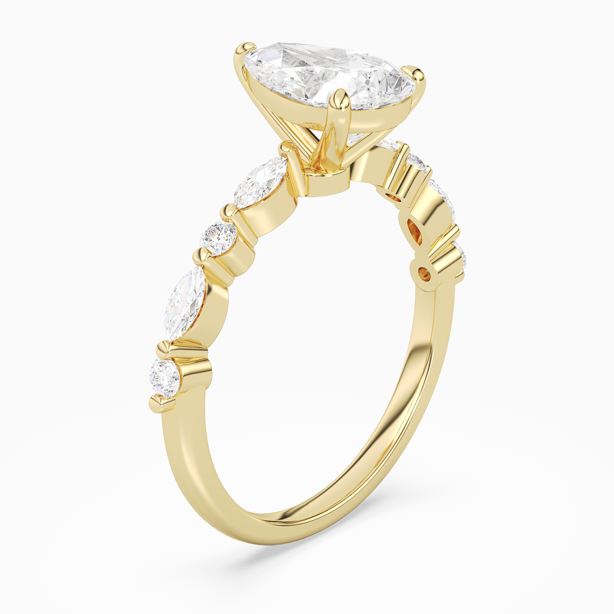 Pear Mixed-Shaped Shoulder Accent Ring in 18K Yellow Gold angled