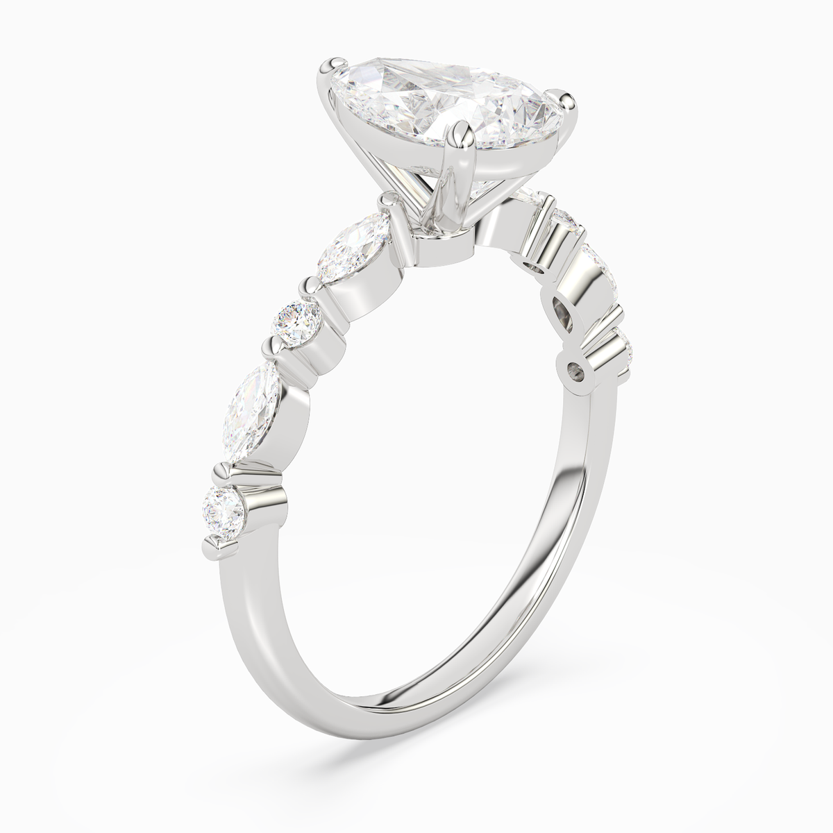 Pear Mixed-Shaped Shoulder Accent Ring in Platinum angled