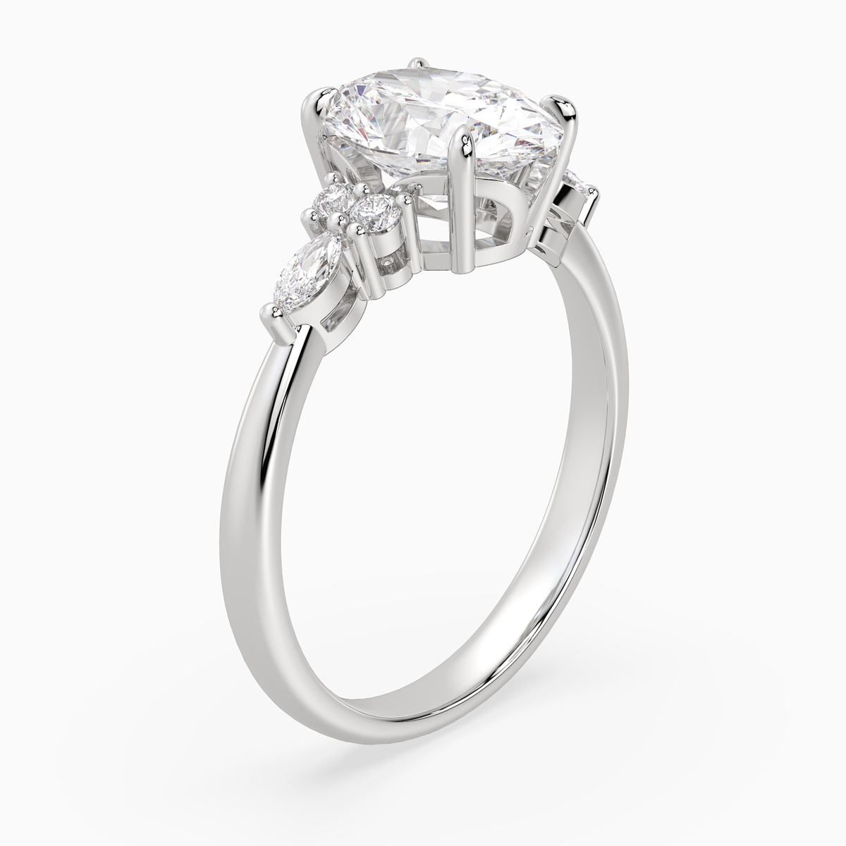 Oval Composite Floral Side Stone in 14K White Gold angled