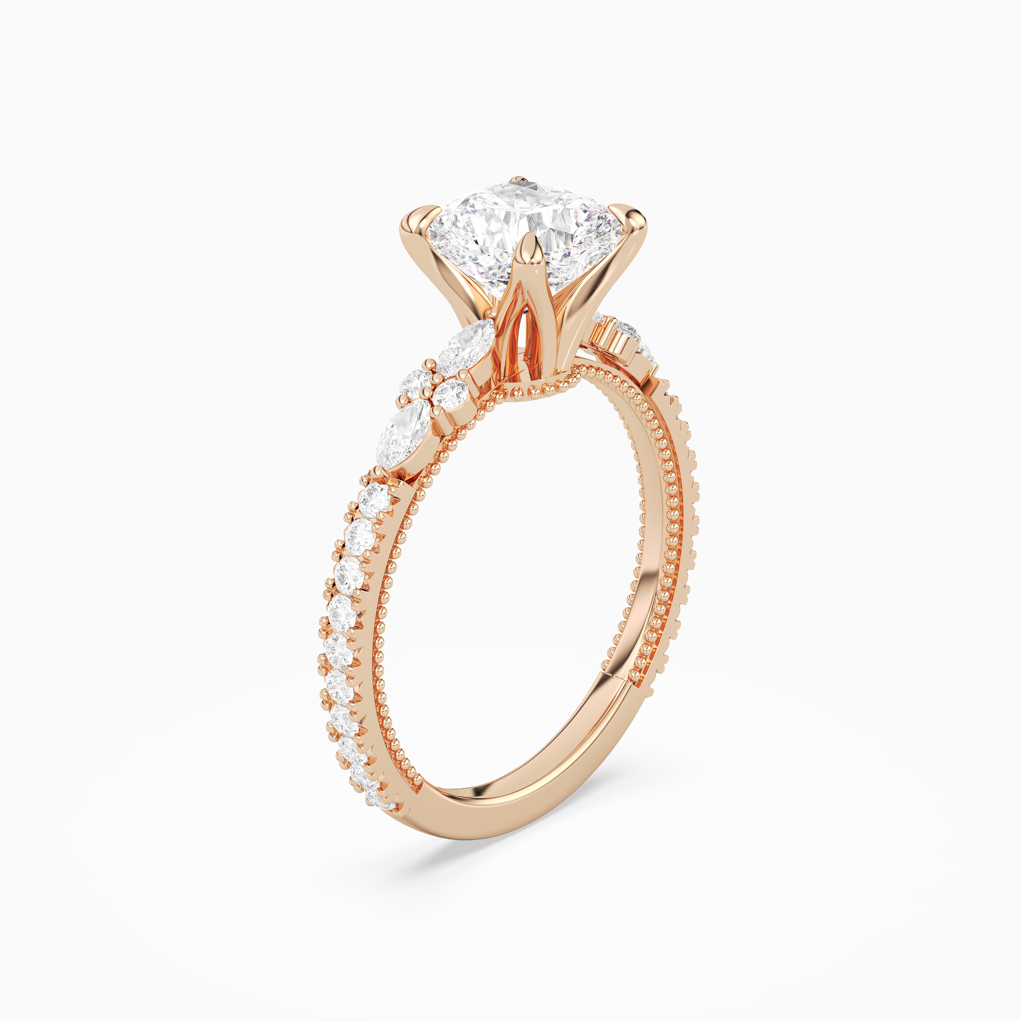 Cushion Celestia Side Stone in 14K Rose Gold angled