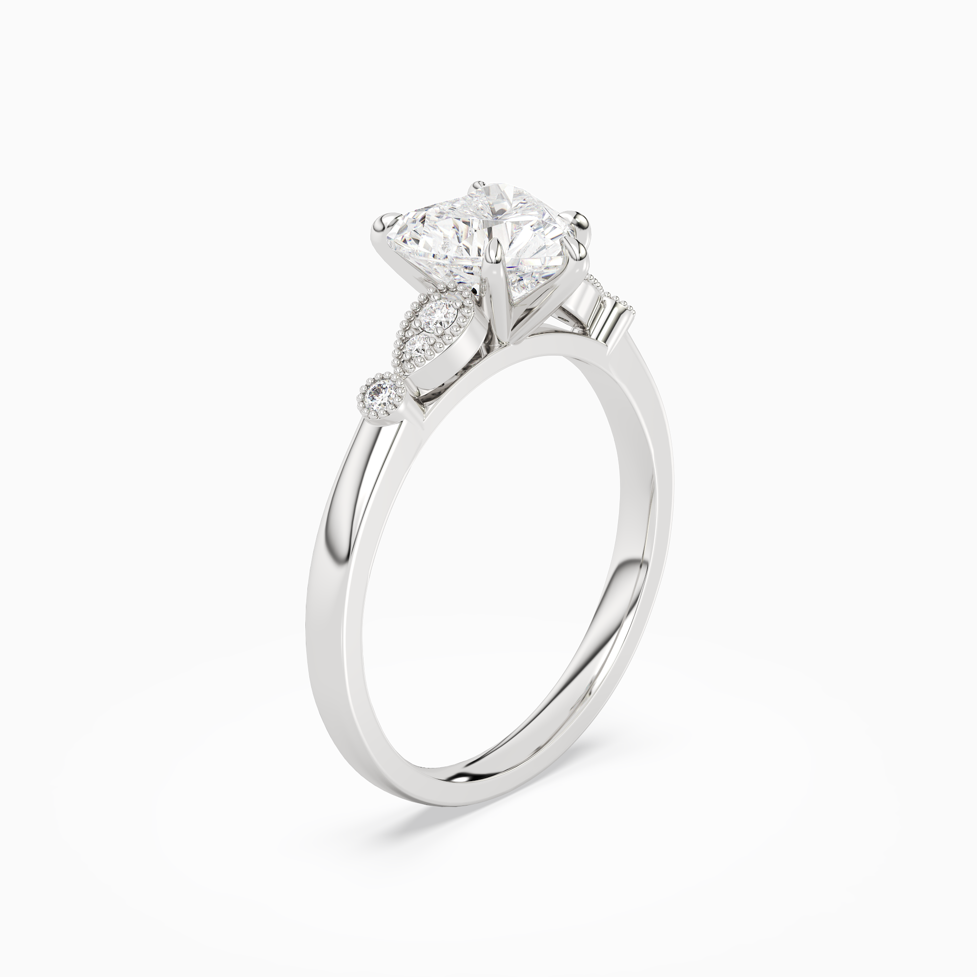 Heart Pear Scroll Side Stone in 18K White Gold angled