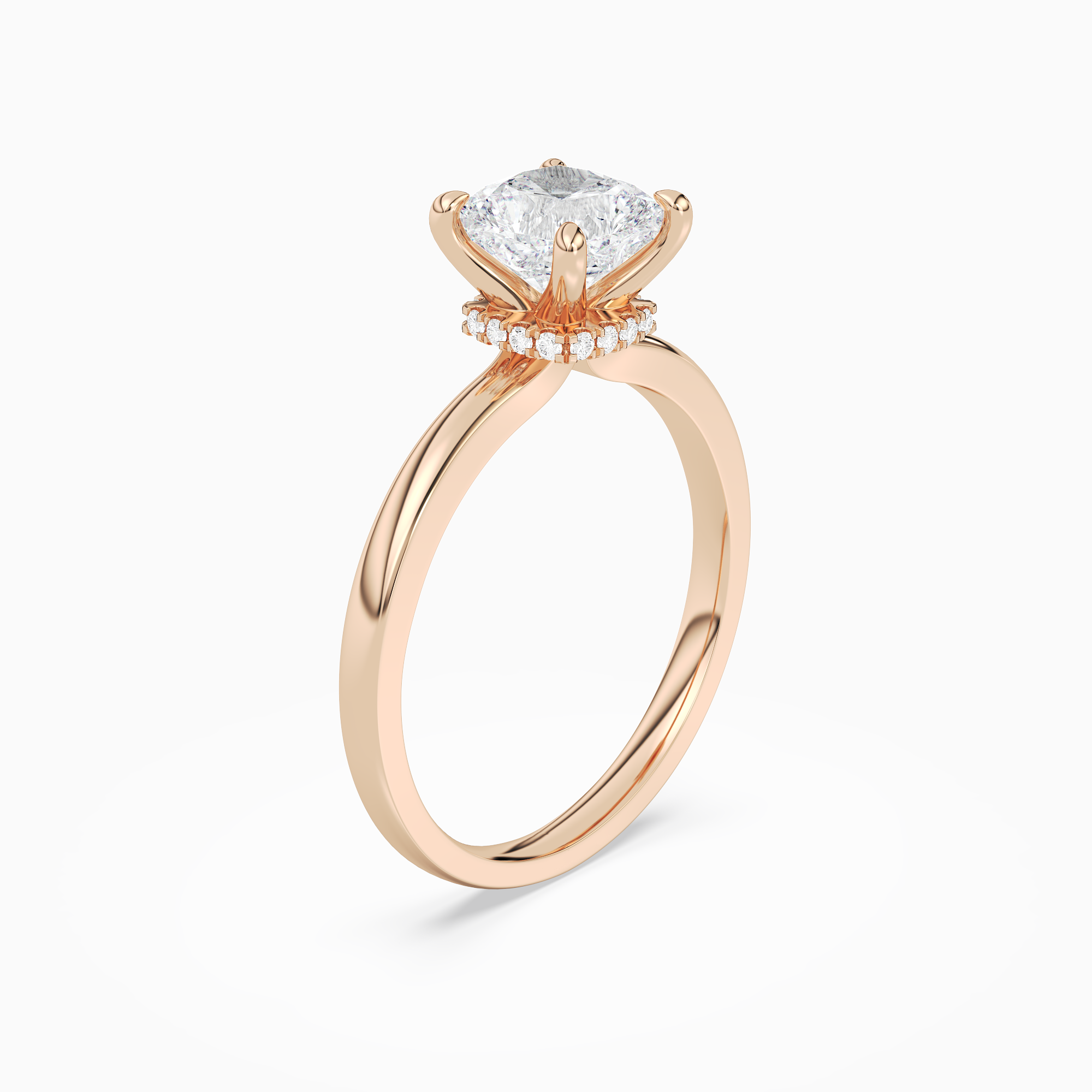 Cushion Hidden Halo Crown Clean in 14K Rose Gold angled