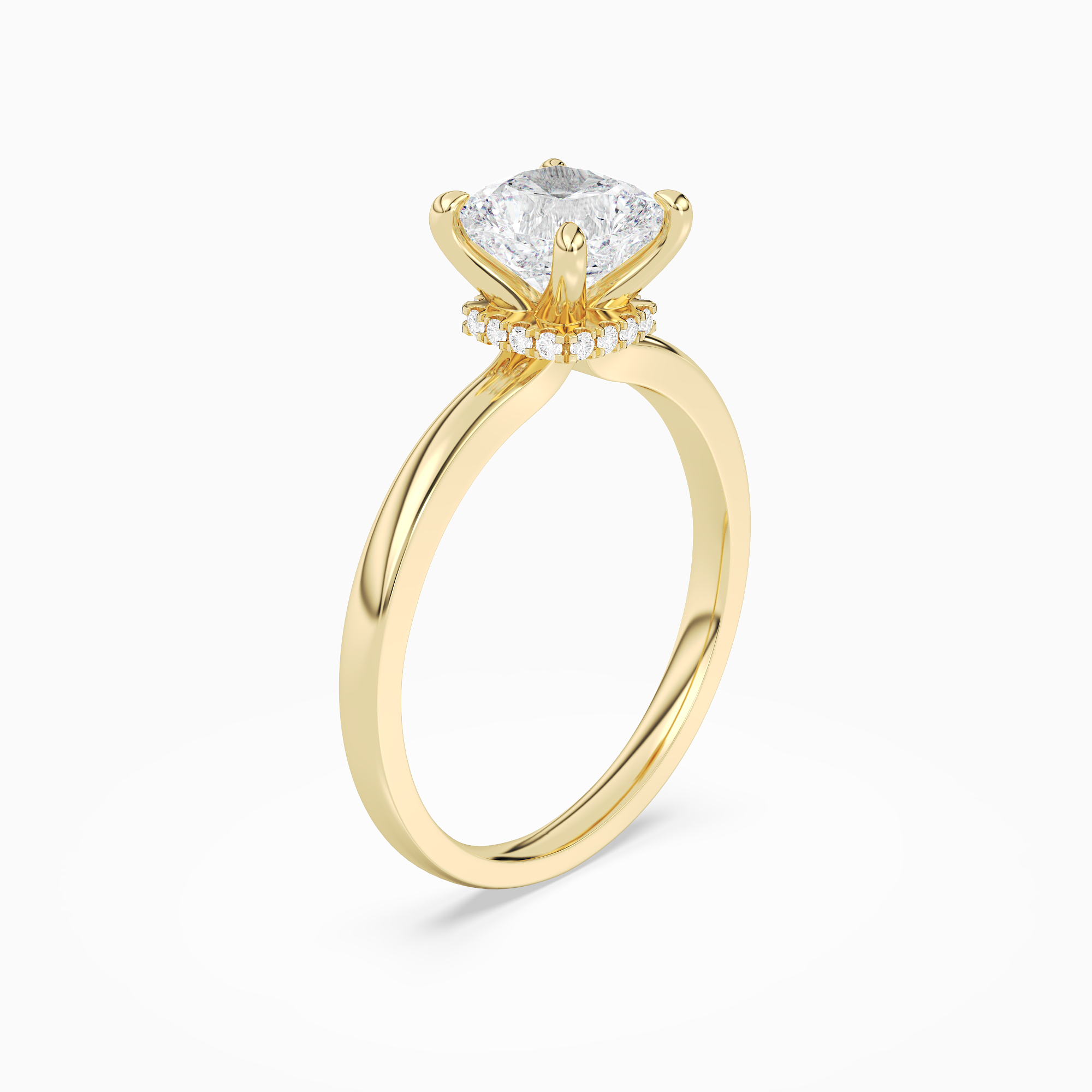 Cushion Hidden Halo Crown Clean in 18K Yellow Gold angled