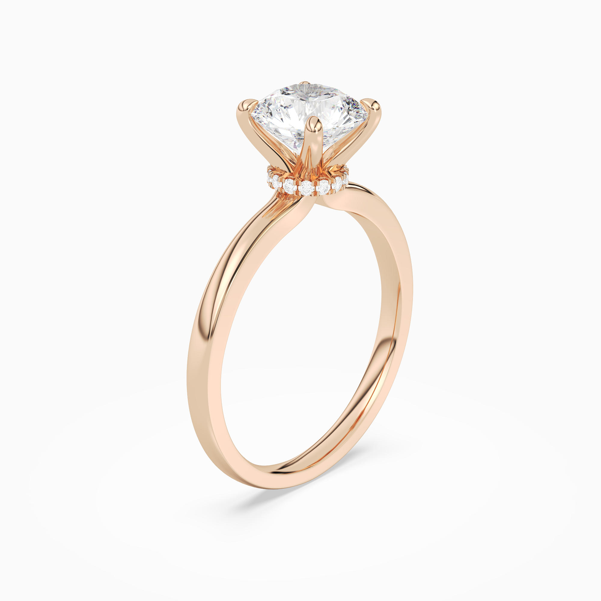 Round Hidden Halo Crown Clean in 14K Rose Gold angled