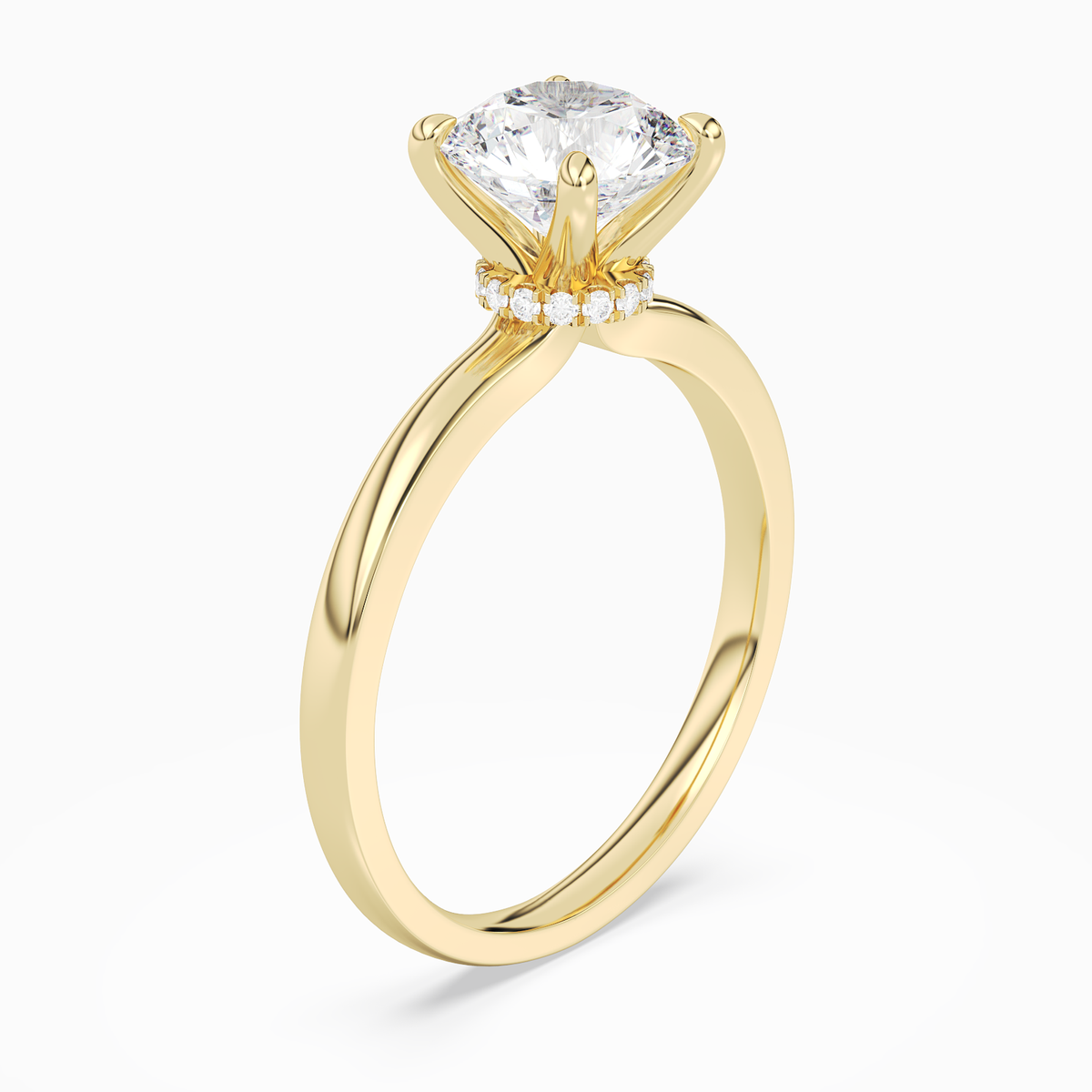 Round Hidden Halo Crown Clean in 18K Yellow Gold angled
