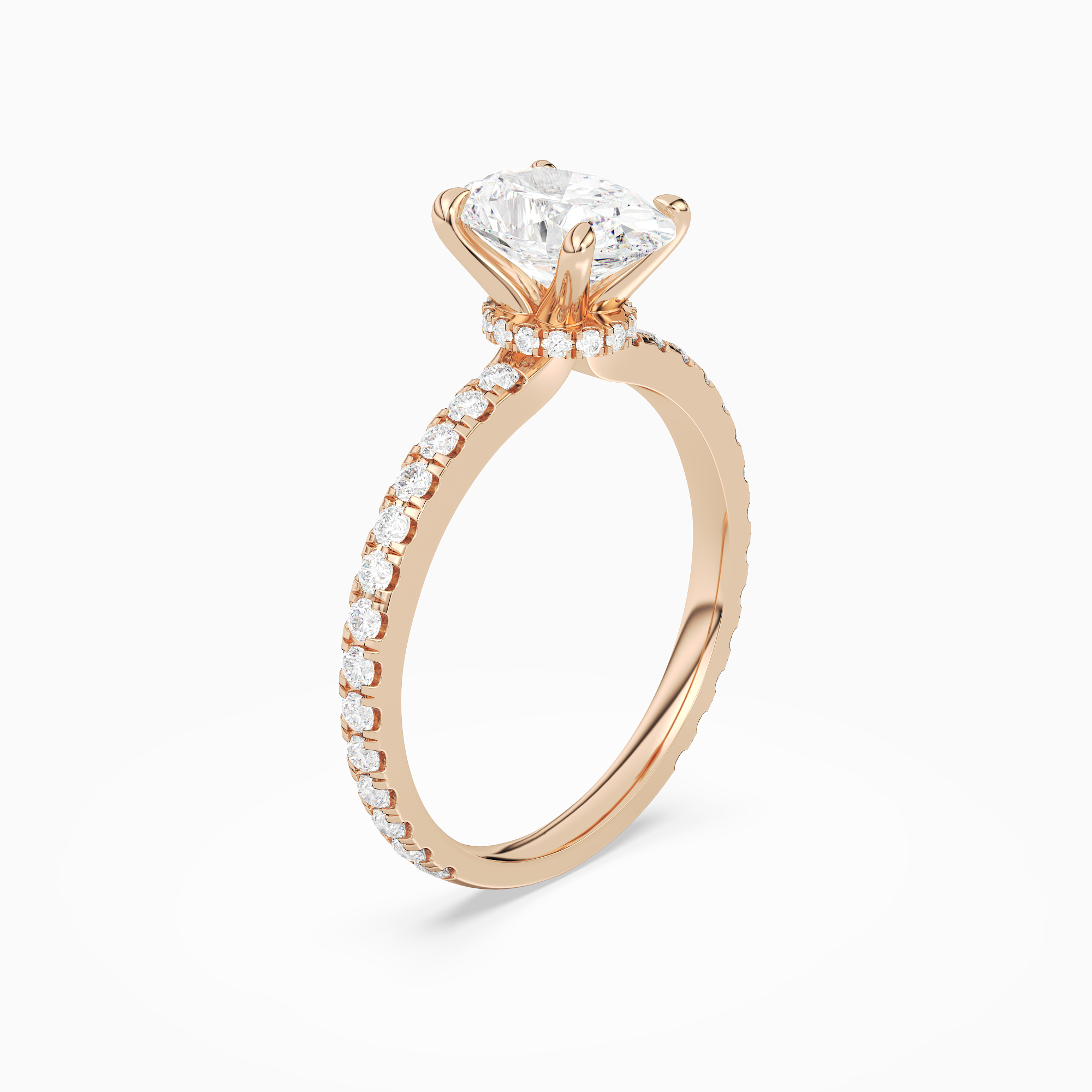 Oval Hidden Halo Crown Pavé in 14K Rose Gold angled