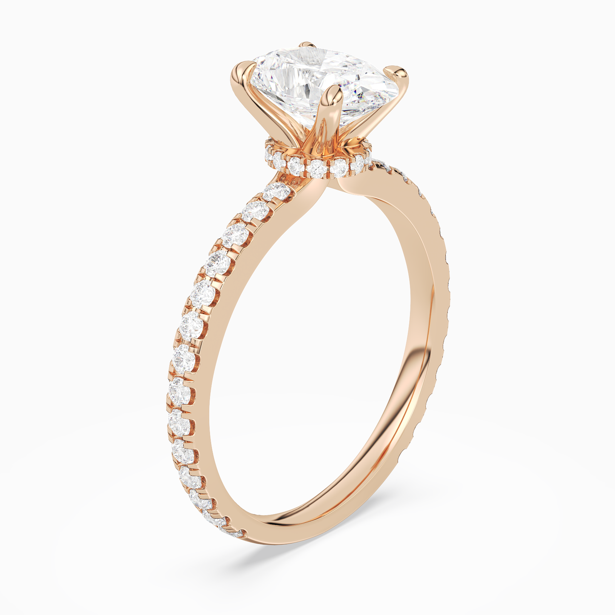 Oval Hidden Halo Crown Pavé in 14K Rose Gold angled