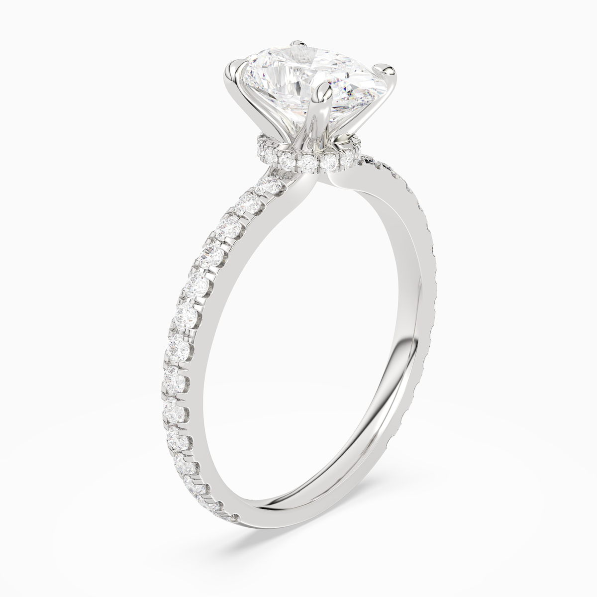 Oval Hidden Halo Crown Pavé in Platinum angled
