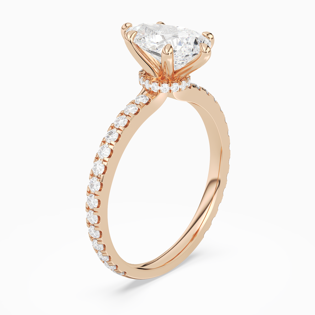 Pear Hidden Halo Crown Pavé in 14K Rose Gold angled
