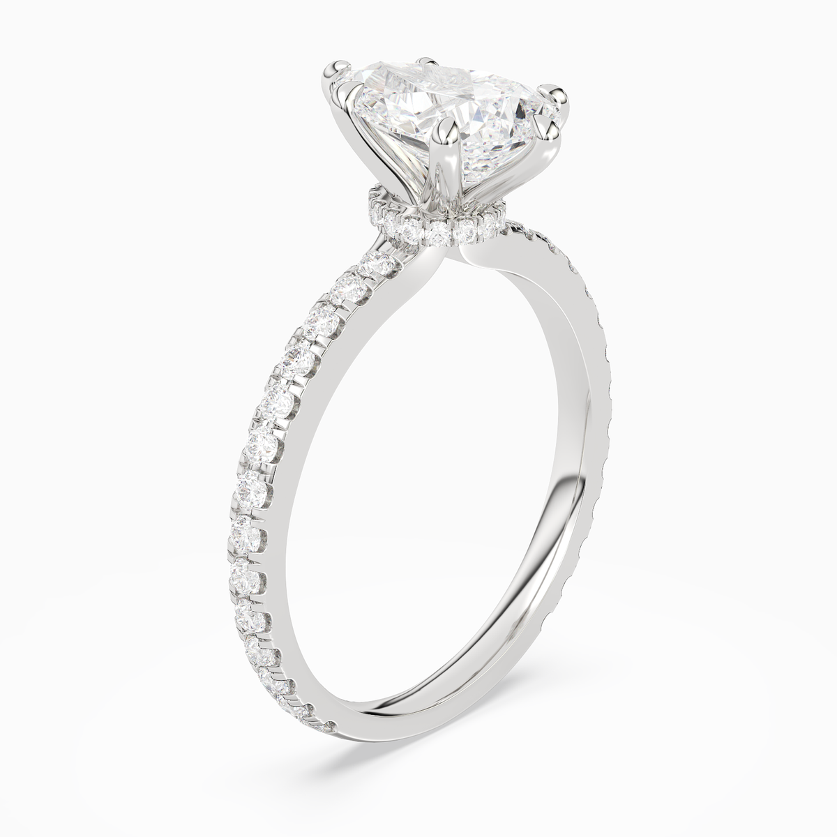 Pear Hidden Halo Crown Pavé in Platinum angled