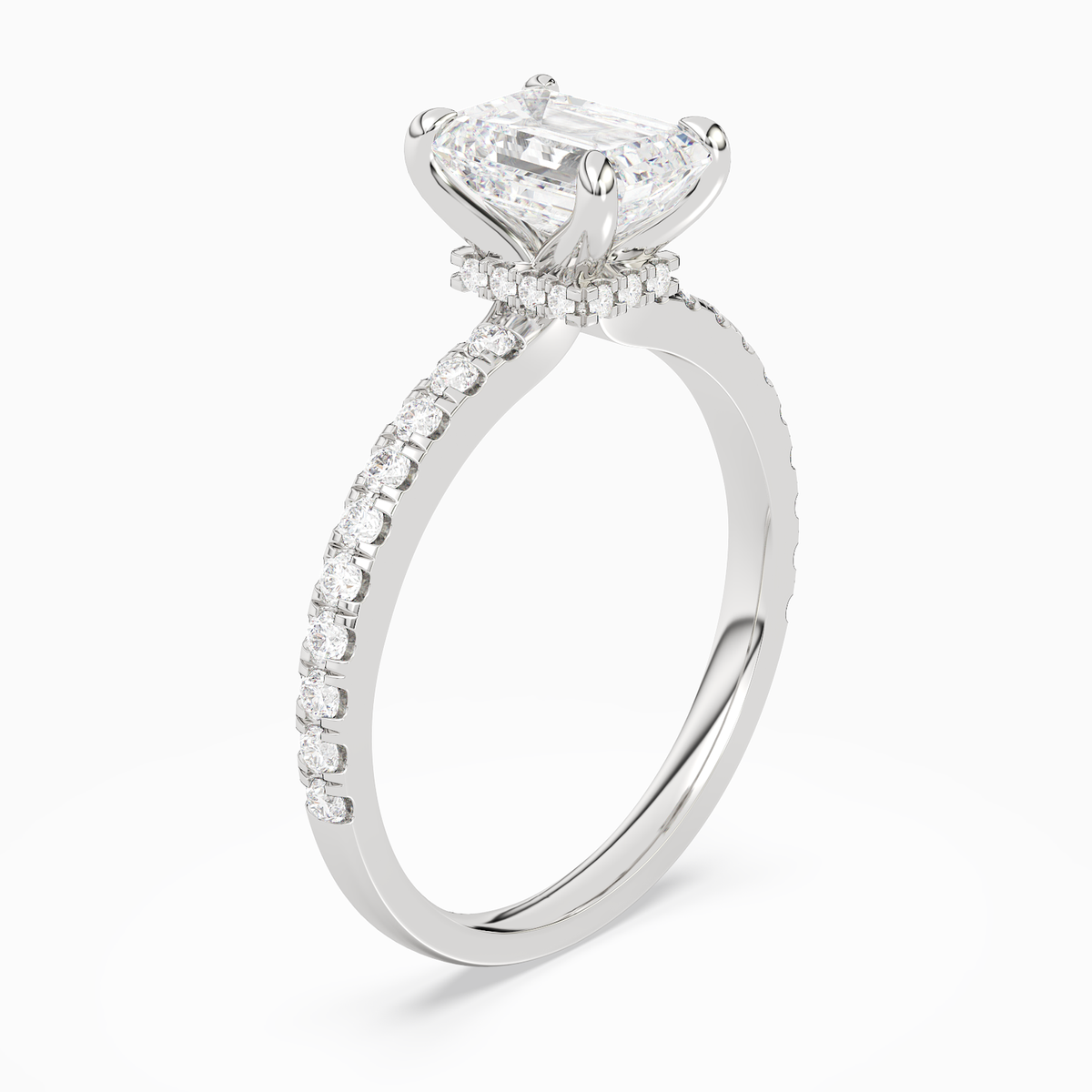 Emerald Hidden Halo Crown Petite Pavé in Platinum angled