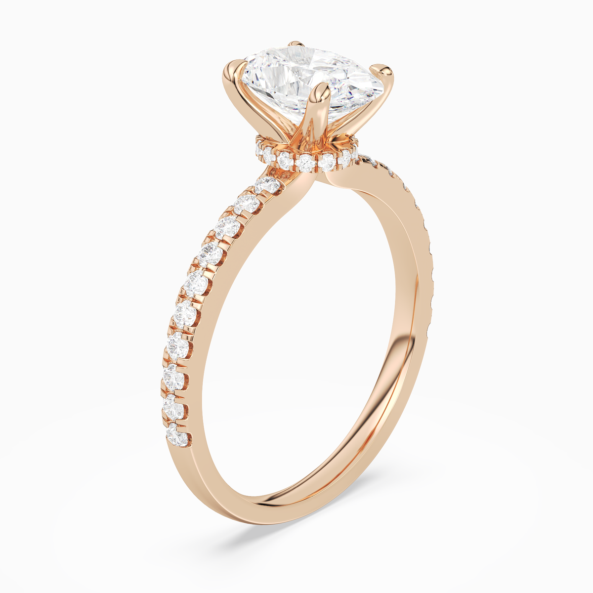 Oval Hidden Halo Crown Petite Pavé in 14K Rose Gold angled