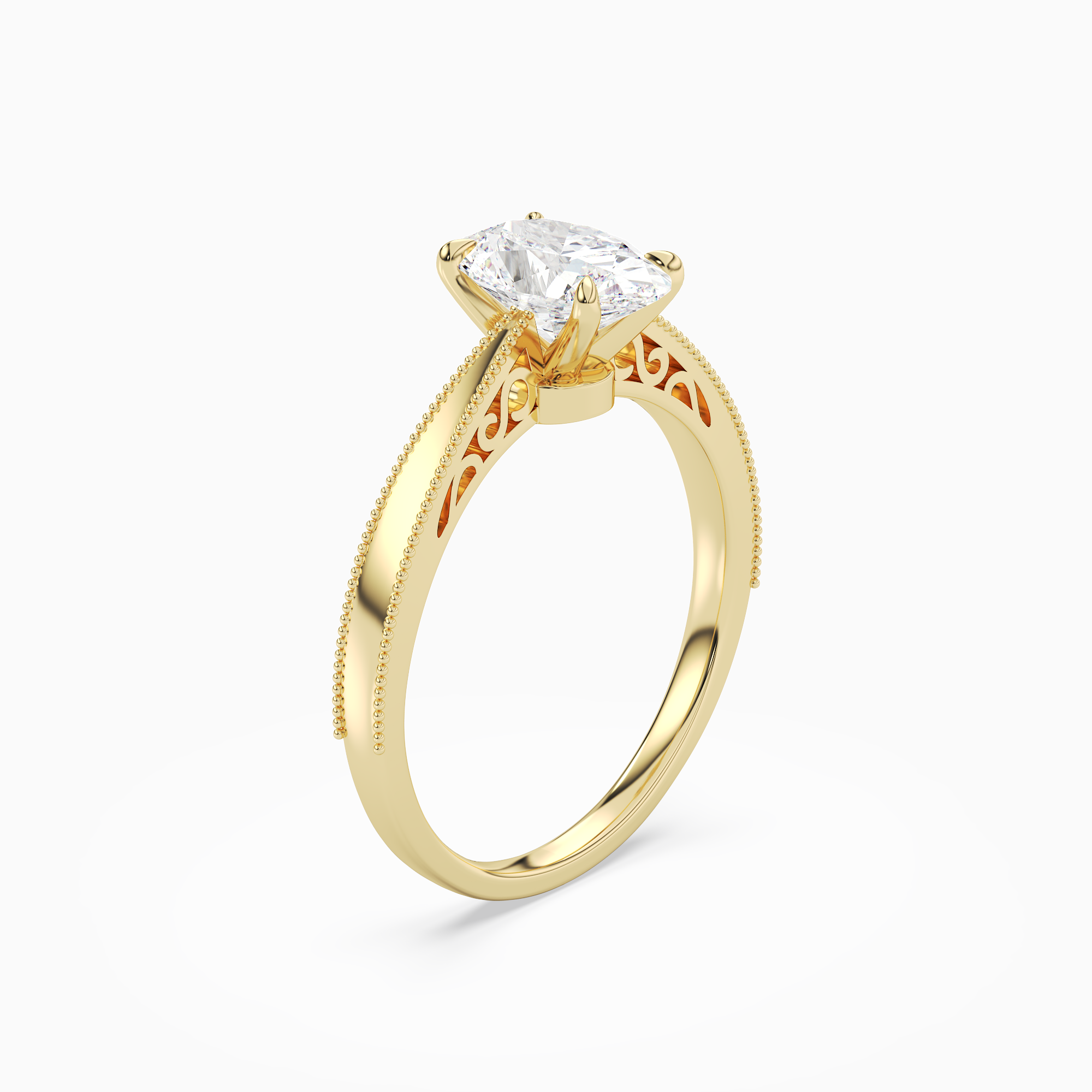 Oval Milgrain Edge Solitaire in 18K Yellow Gold angled