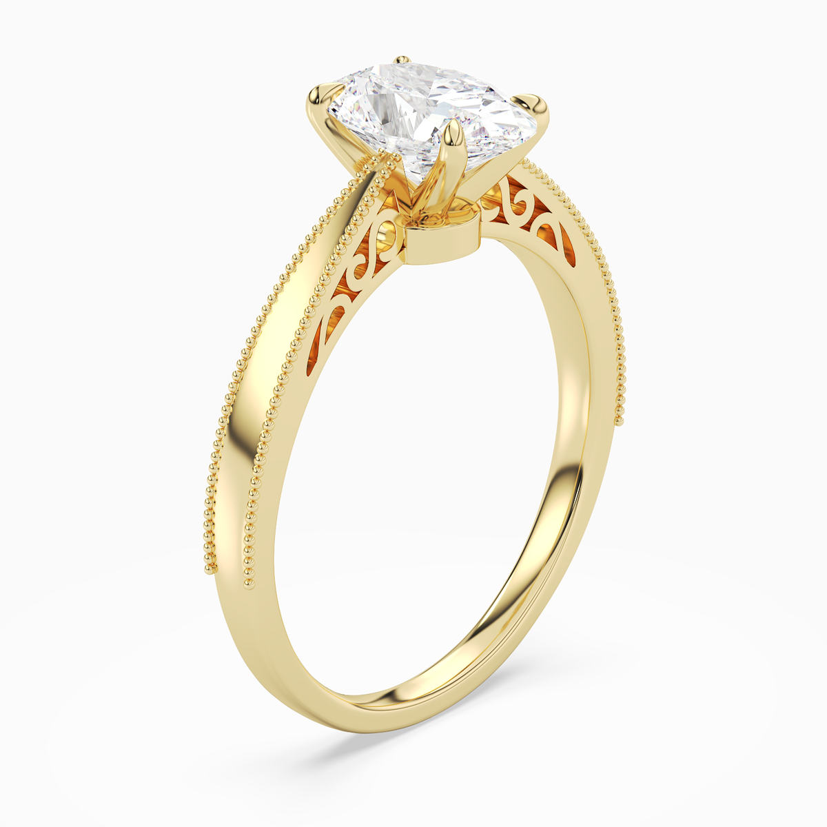 Oval Milgrain Edge Solitaire in 18K Yellow Gold angled