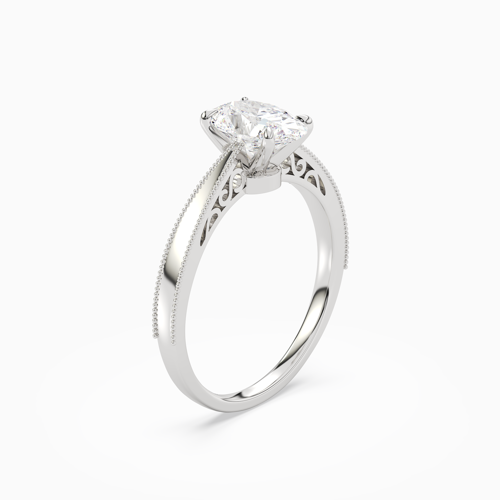 Oval Milgrain Edge Solitaire in Platinum angled